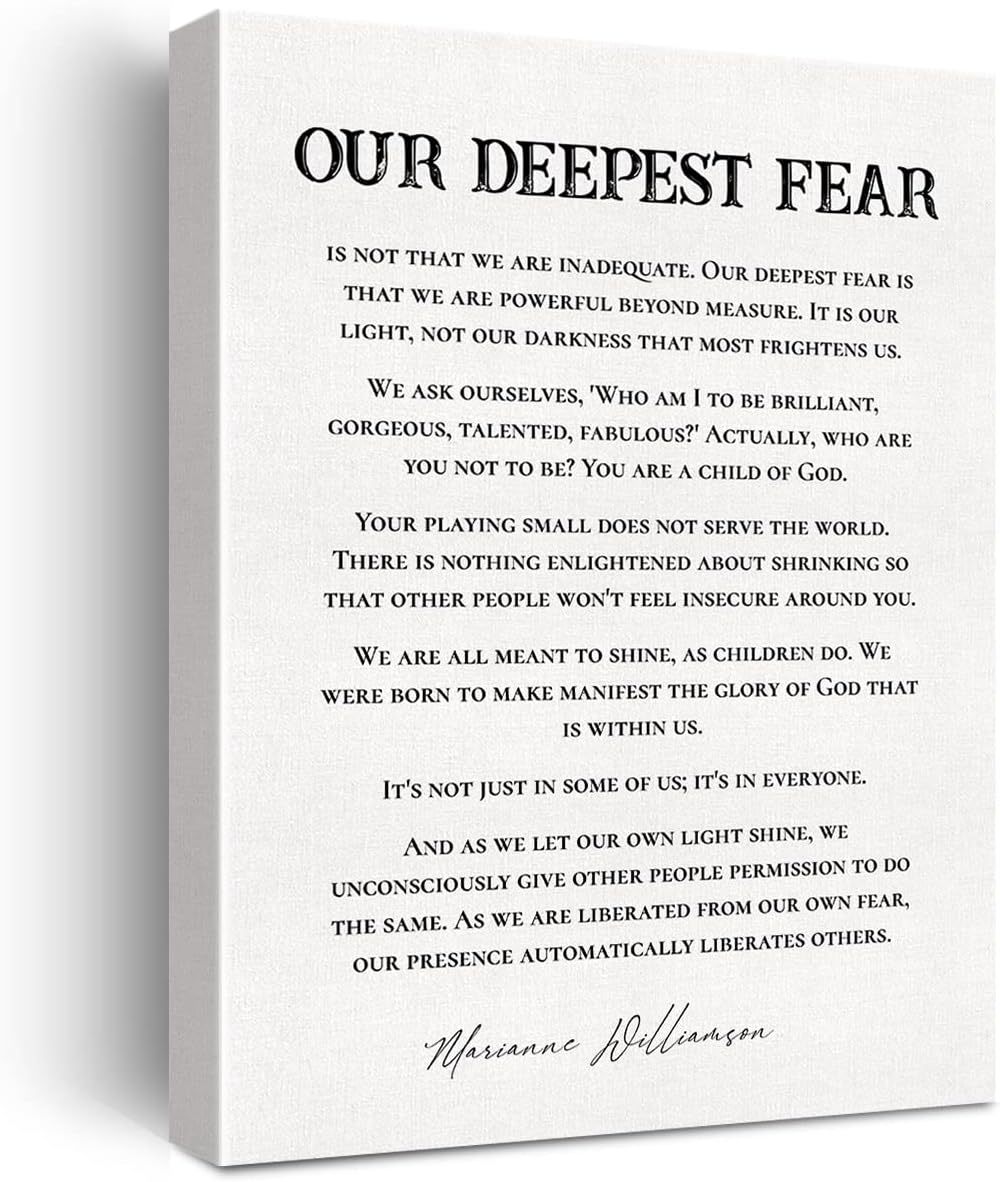 JerLoe Marianne Williamson Inspirational Quote Our Deepest Fear Canvas Wall Art Posters Positive Canvas Wall Art Framed Wall Art 12x15 Inches