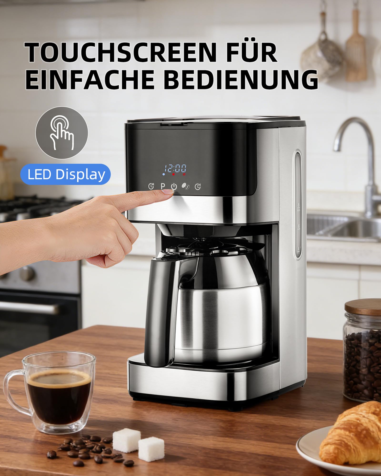 KEINVE Filterkaffeemaschine mit Thermokaraffe, Edelstahl Kaffeemaschine mit timer, 24H programmierbar, LED Display, Warmhalteplatte, Abschaltautomatik, Tropfstopp, 900W, 10 Tassen, 1 Liter