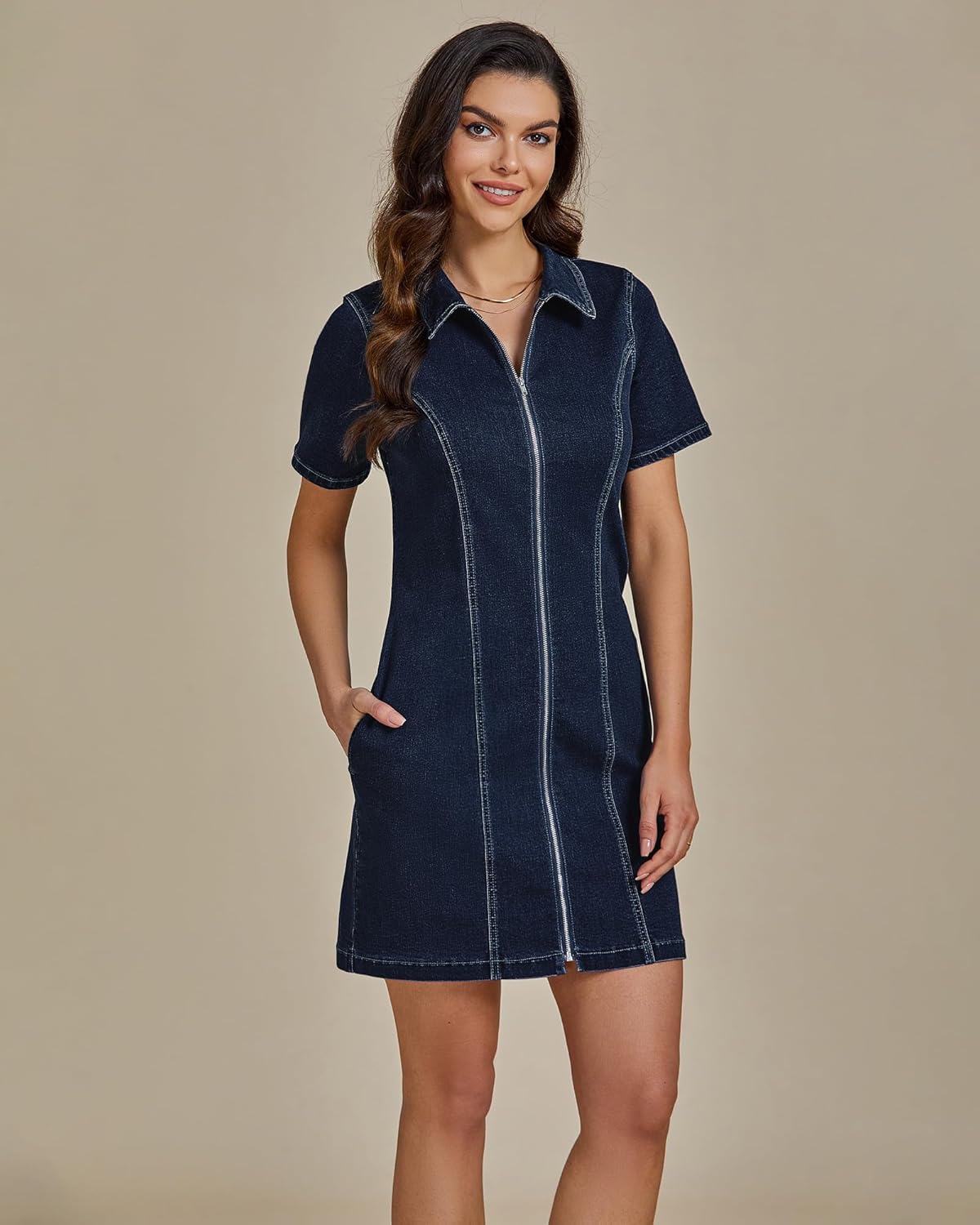 luvamia Denim Dresses for Women Summer Casual Zip Up Short Sleeve Western Short Stretchy Jean Dress with Pockets - Image 3