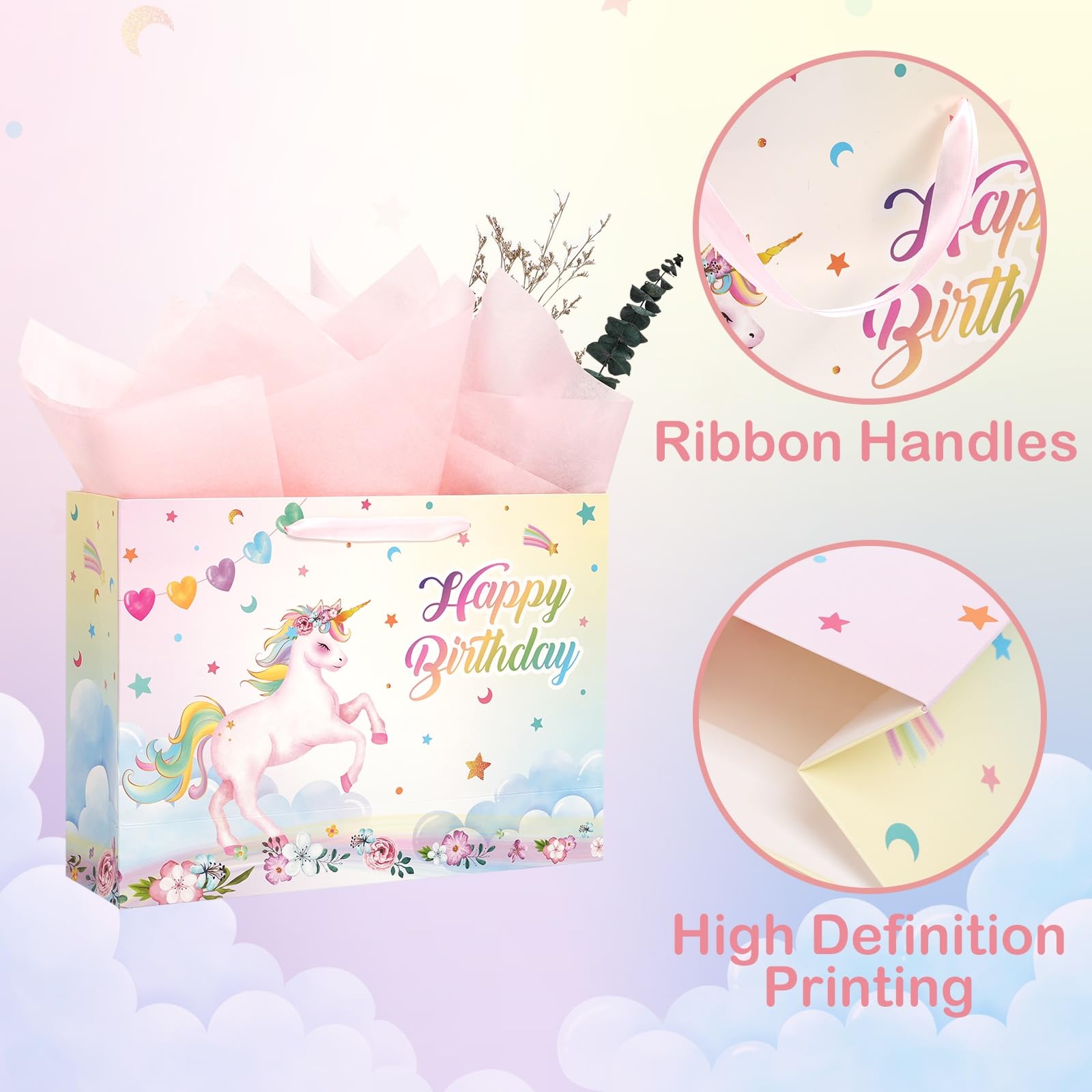 WERNNSAI 13" Large Unicorn Gift Bag for Girls Baby Girl Birthday Bag with Tissue Paper and Card for Kids Pink Unicorn Baby Shower Happy Birthday Theme Party