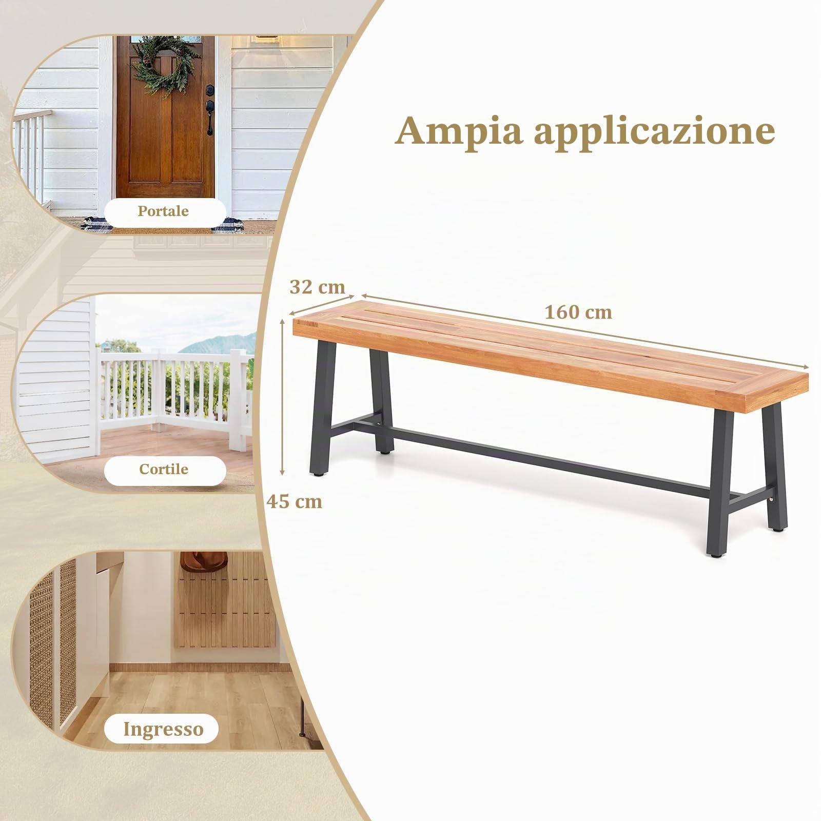 COSTWAY Set di 2 Panchine da Giardino in Legno di Acacia a 3 Posti, Panca da Esterno Senza Schienale con Gambe in Metallo, Panca Capacità di 360 kg per Ingresso, Cortile e Balcone, 160 x 32 x 45 cm