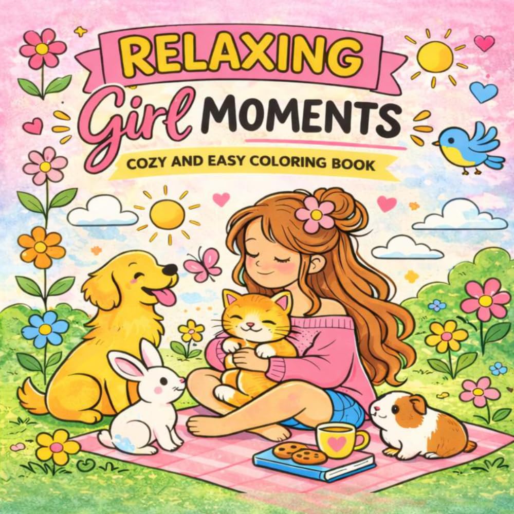 Girl Moments Relaxing Coloring Book with Cozy Lifestyle Scenes & Animal Friends