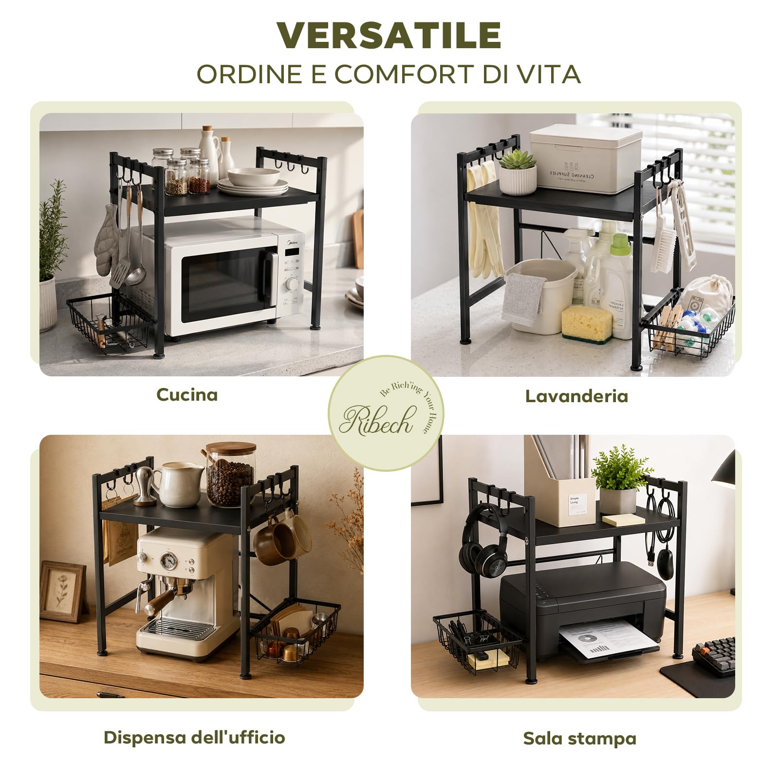 Supporto per microonde regolabile con ripiano supplementare, versione ispessita, regolabile in altezza per forno e utensili da cucina, con gancio per spezie e utensili, antiruggine, nero