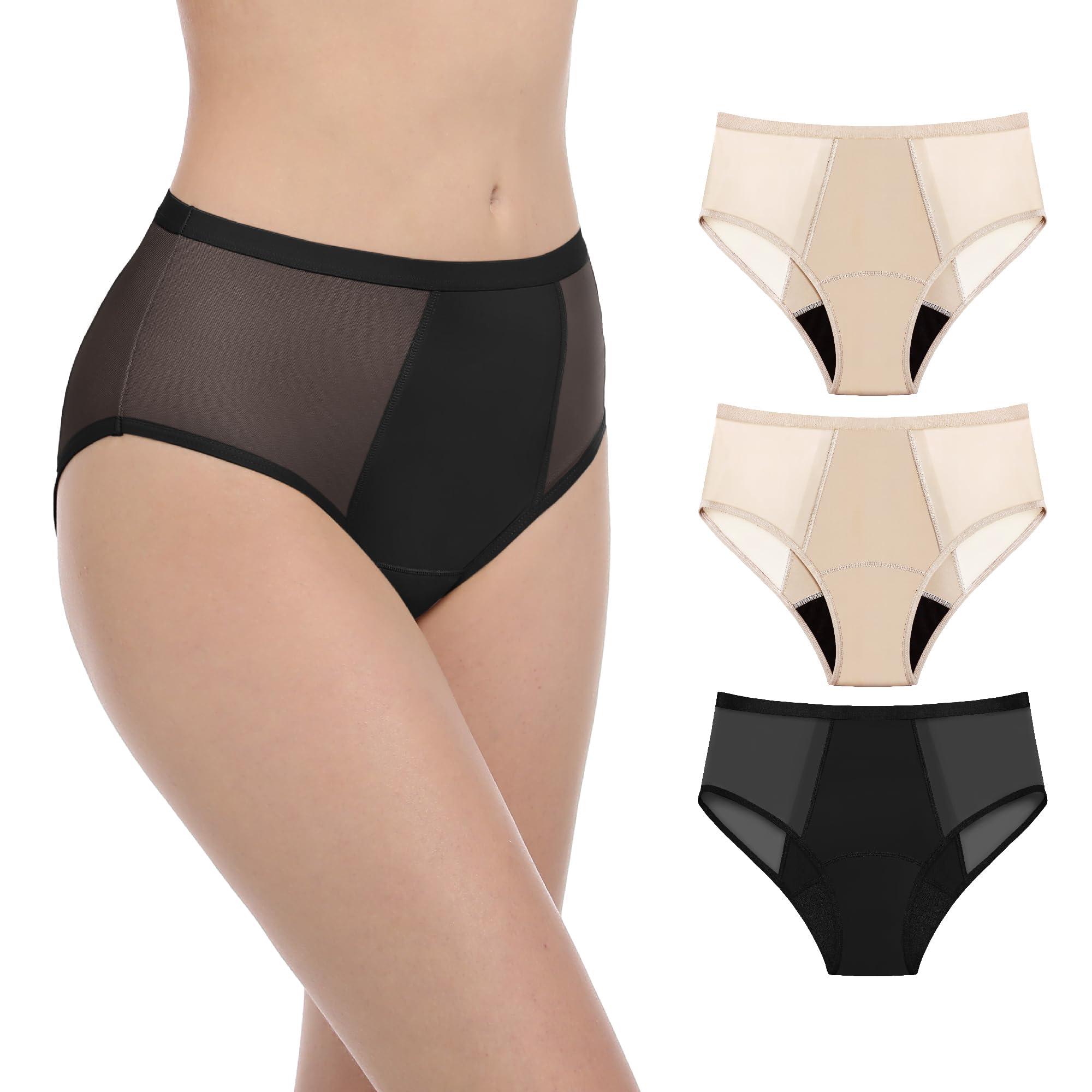 AIRCUTE Washable Women Urine Incontinence Underwear Leak Proof Panties for Postpartum Bladder Leak with 50 ml Absorbency 3 Pack (1 Black-2 Beige, M)