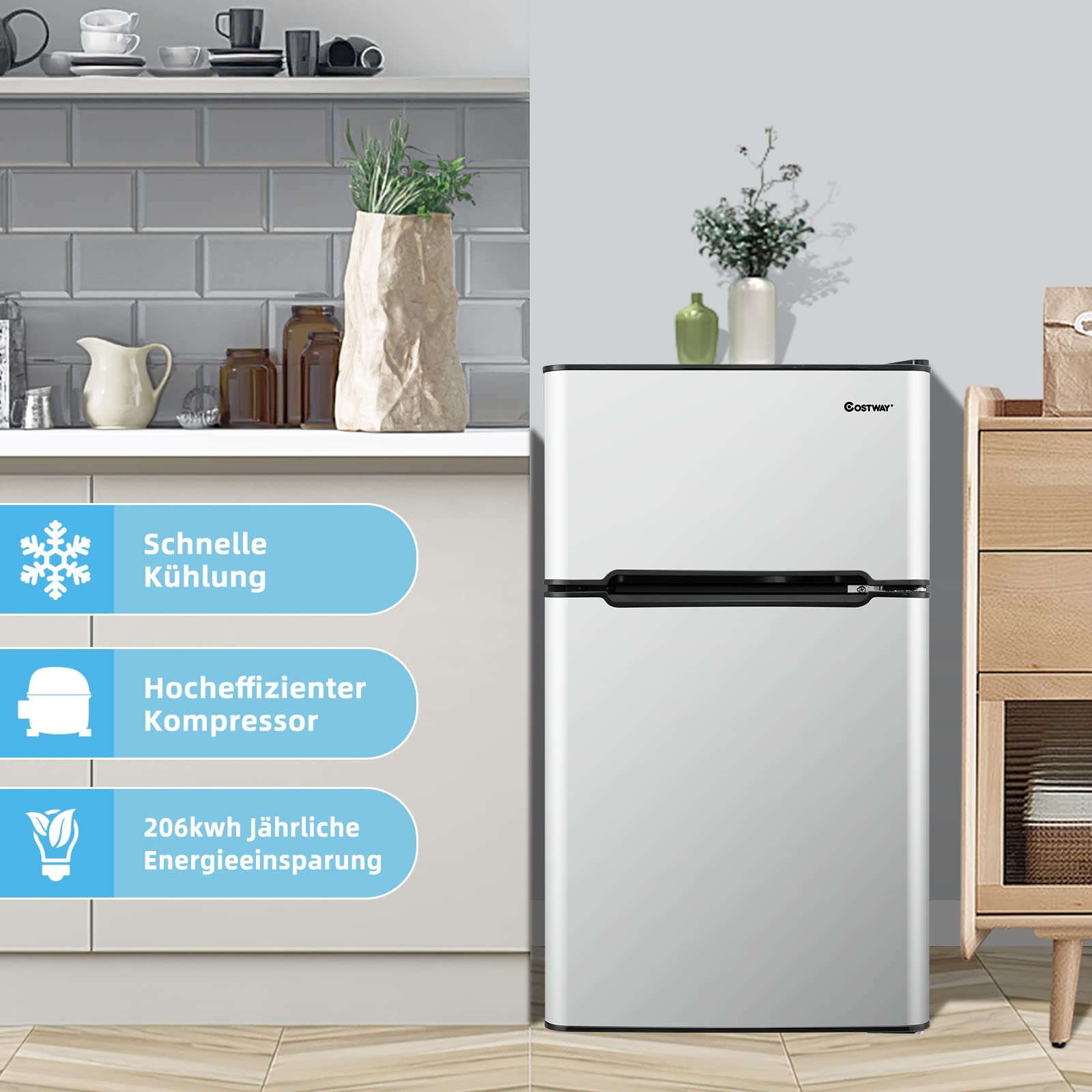 COSTWAY 90L Kühlschrank mit 27L Gefrierfach Kühl-Gefrier-Kombination Standkühlschrank Gefrierschrank mini Kühlschrank (grau)