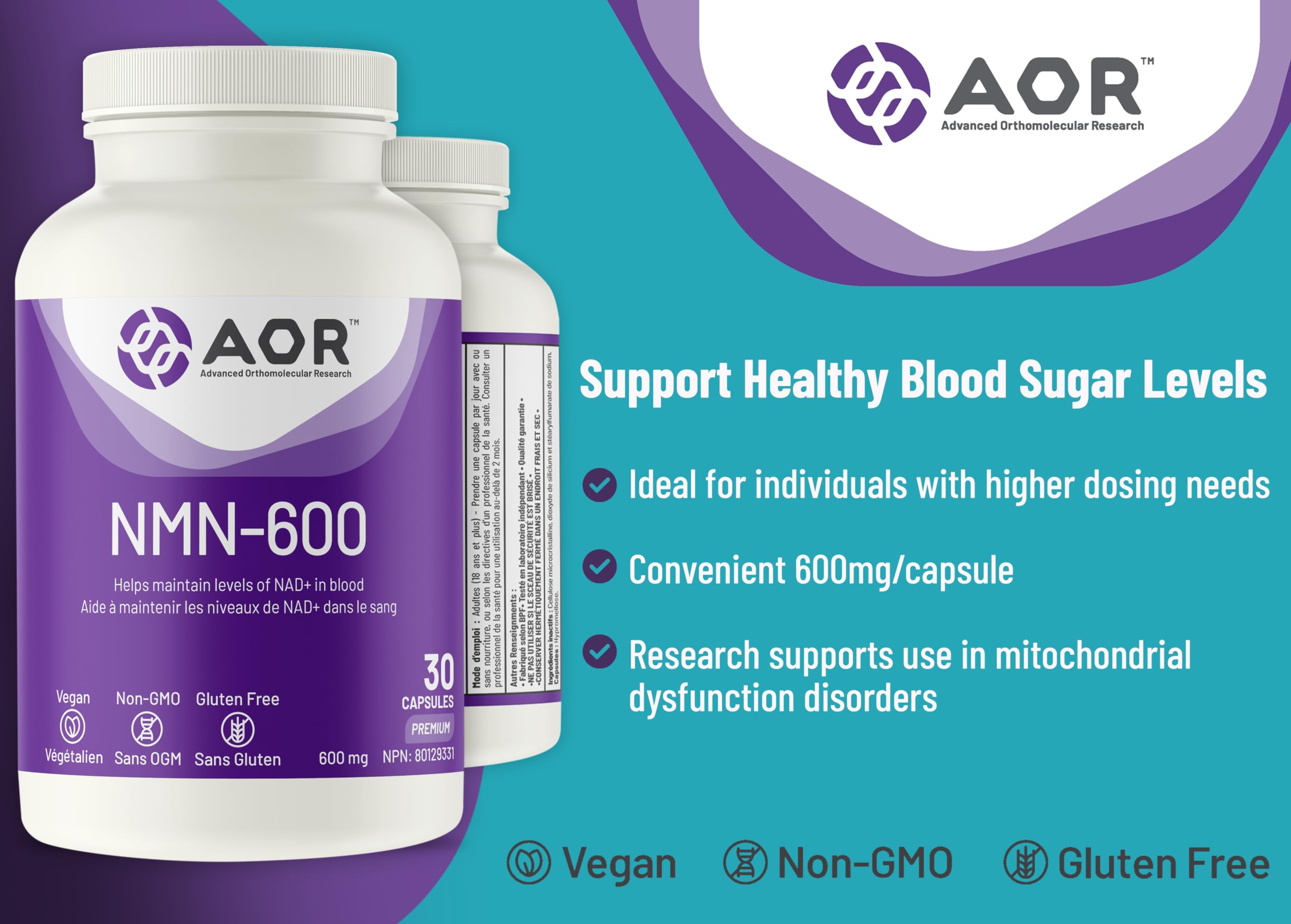 AOR NMN-600mg, 30 Vegan Capsules - Non-GMO, Gluten-Free, High 