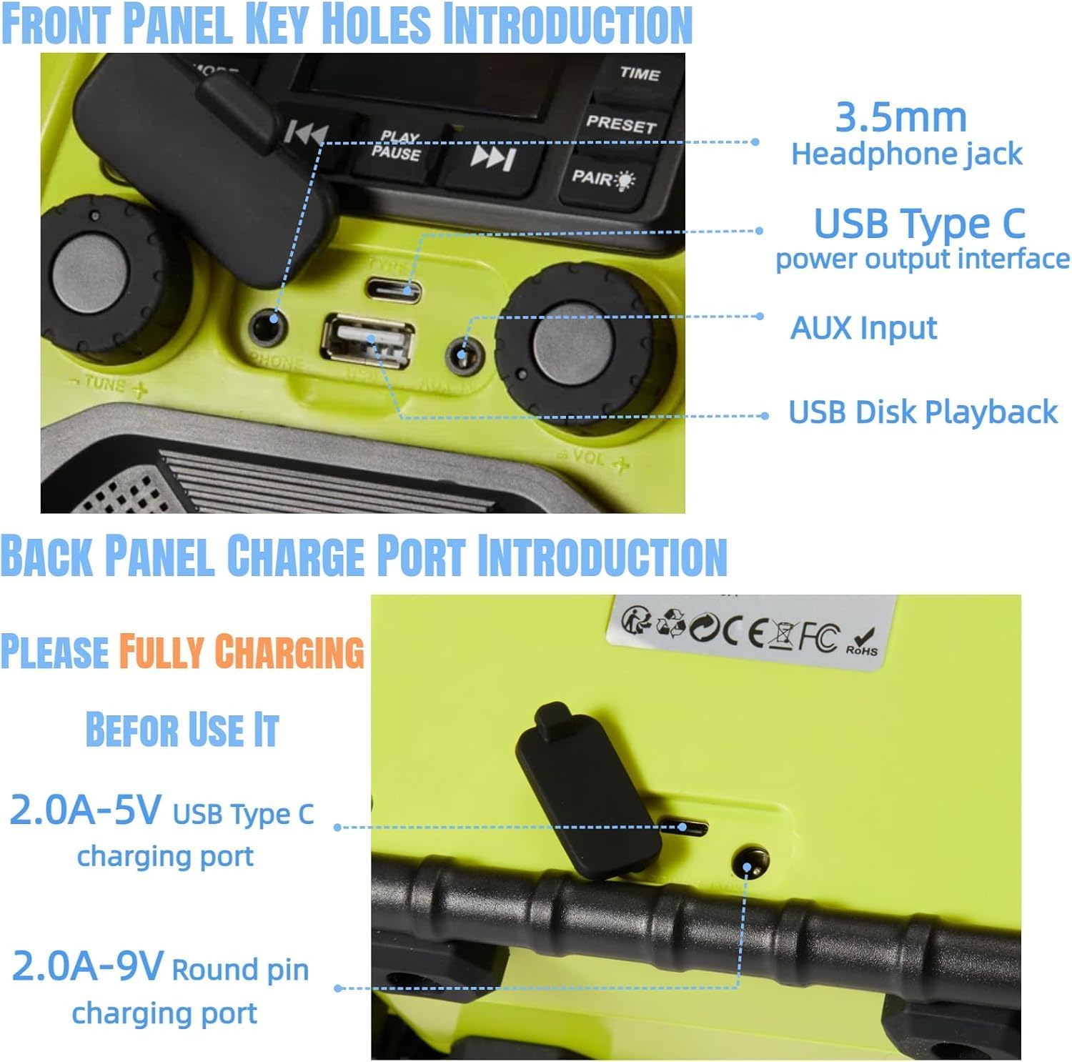 Outdoor Radio Waterproof Bluetooth Speaker, 30W IPX 66 Digital Manual FM Clock Radio, Portable with LED Lights, Anticollision FM Radios for Constrution Site/Outdoor/Fishing/Camping