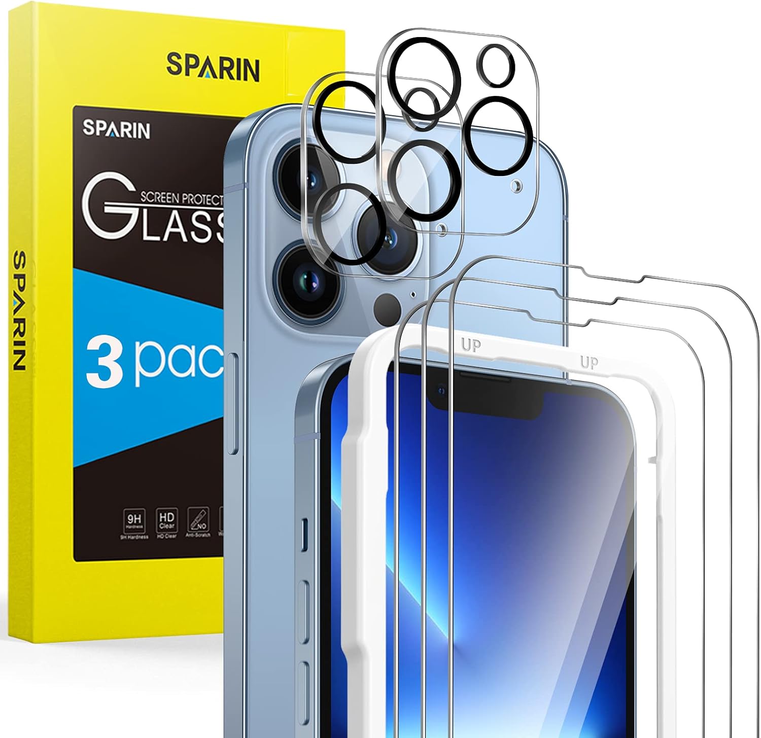 SPARIN 3 Pack Protector de Pantalla Compatible con iPhone 13 Pro 6,1 Pulgadas con 2 Pack Protector de Lente de Cámara, Cristal Templado con Marco de Alineación, Protección de la Cámara
