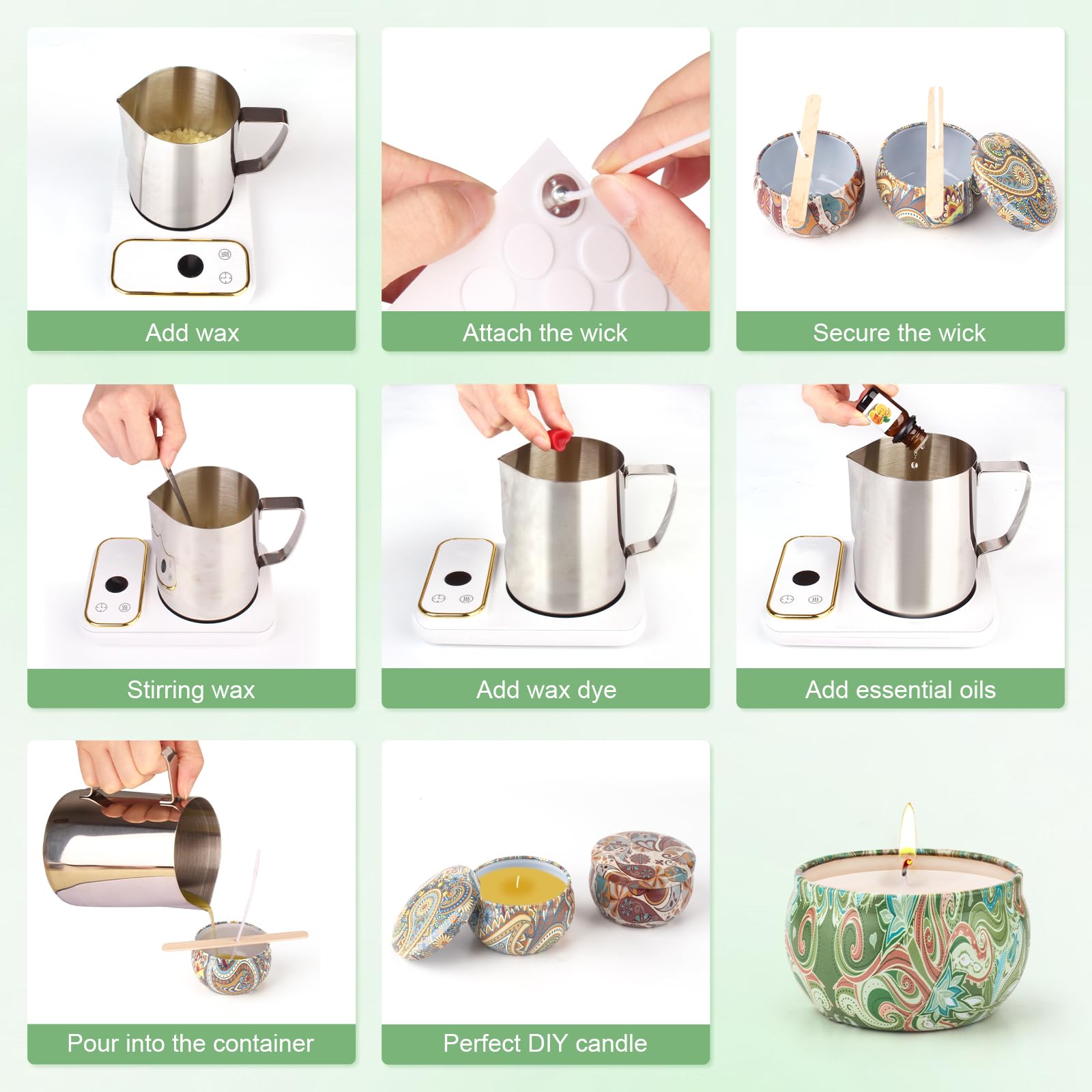 Kit Candele Fai Da Te - Cera Soia 480g, 9 Barattoli, Oli Profumati, Coloranti, Stoppini - Regalo Creativo - Foto 2