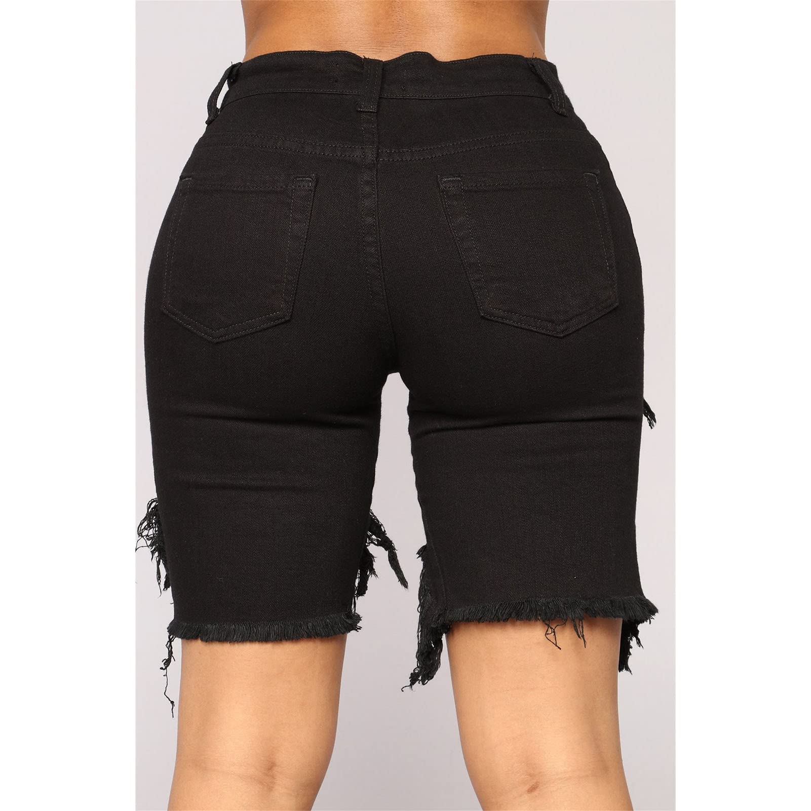 JEKE-DG Womens Mid Rise Stretch Ripped Denim Shorts Workout Running Cycling Jeans Shorts Destroyed Raw Hem Shorts Jeans (Medium,Black)