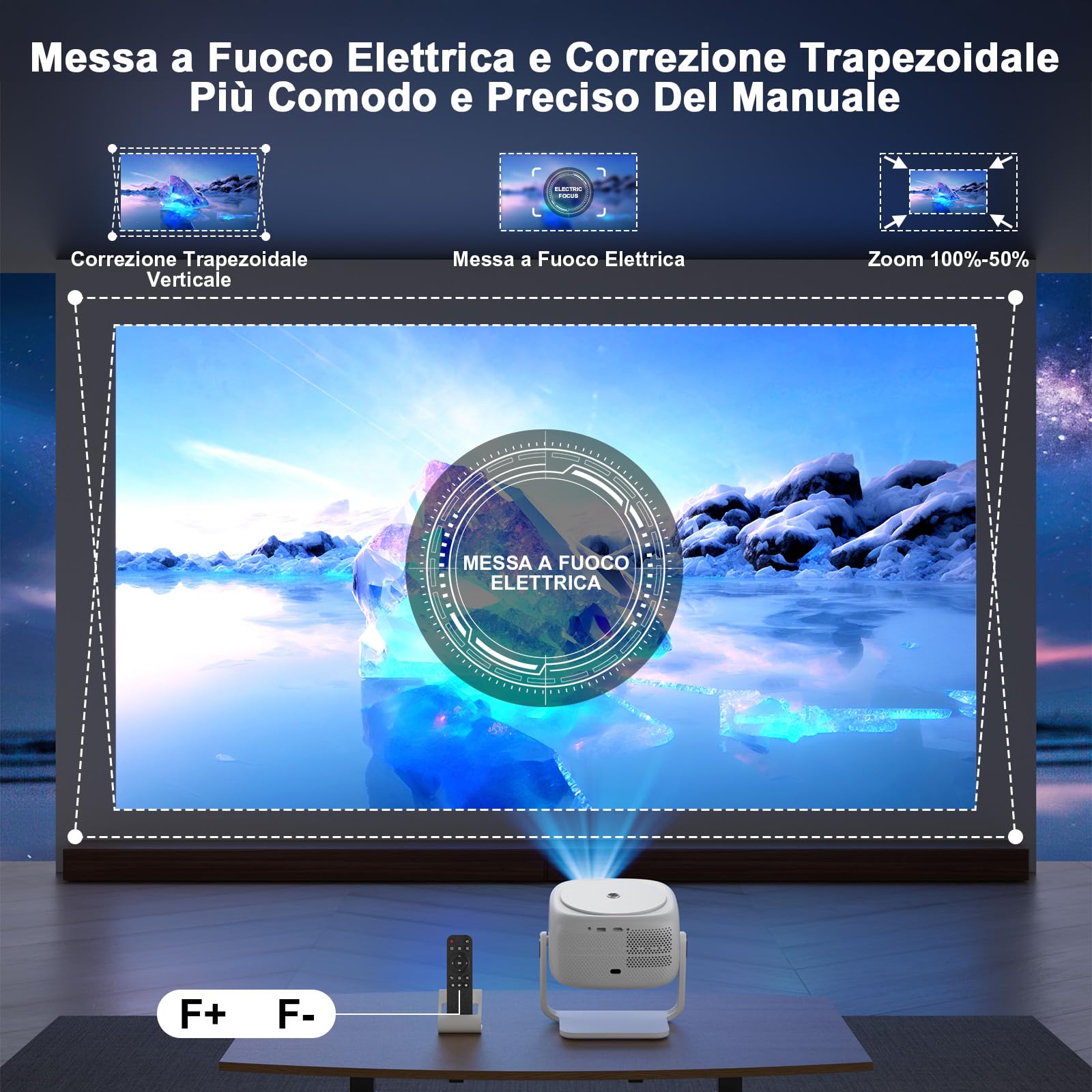 VISULAPEX Proiettore Portatile 1080P Full HD Supporta, 360° Rotabile Mini Proiettore WiFi 6 Bluetooth 5.2 Focus Elettrico, 15000L Videoproiettore Compatibile con Smartphone/PC/HDMI/TV Stick/USB