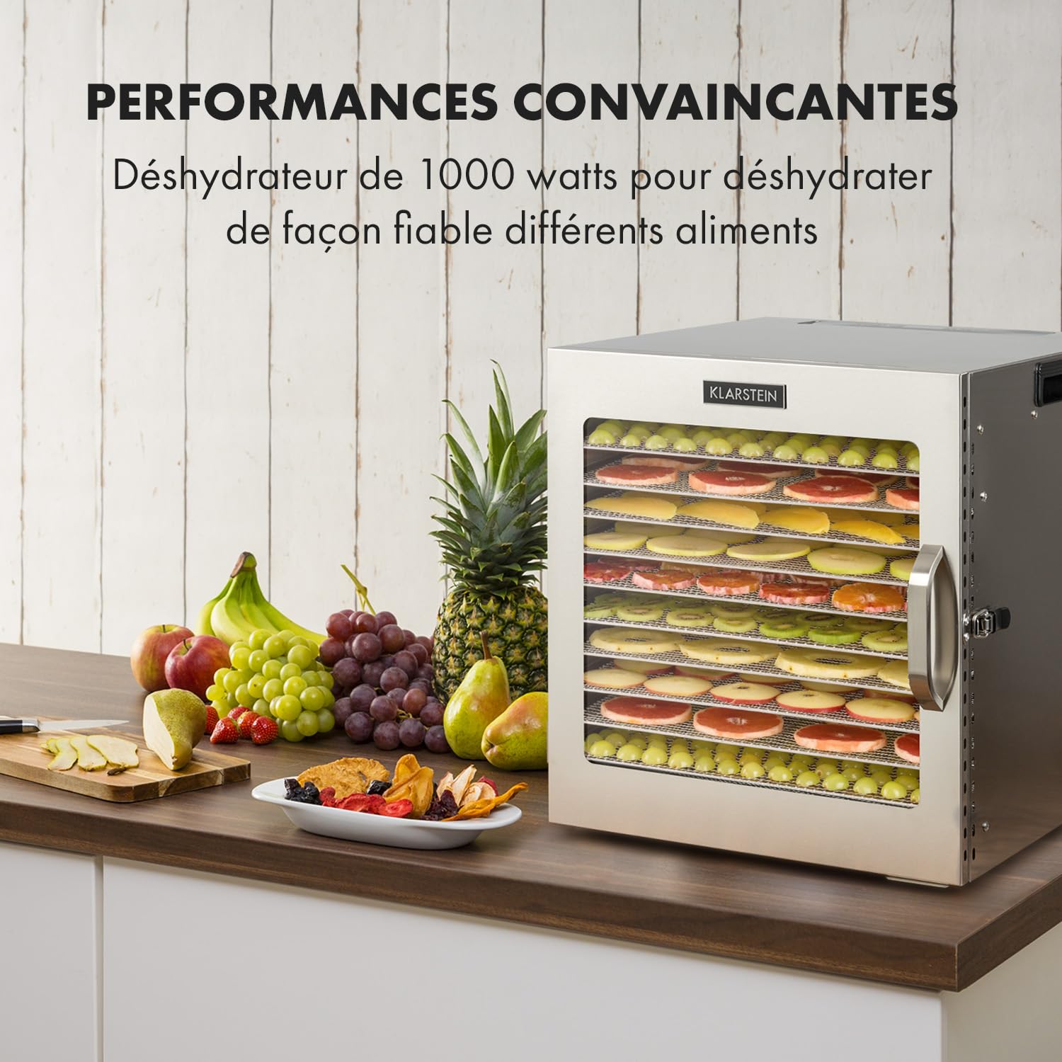 KLARSTEIN Captain Jerky 110, Déshydrateur,1000 W,30-90 °C, minuterie 24 h, sans BPA, commande tactile, 10 plateaux, porte en verre, déshydrateur en inox pour fruits, légumes, bac collecteur - argent