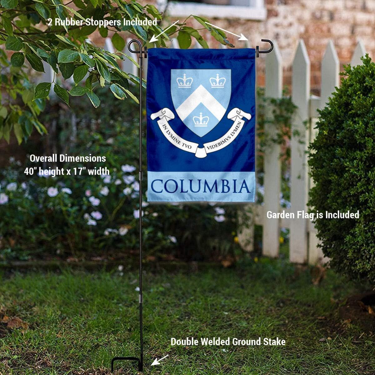 College Flags & Banners Co. Columbia Lions Garden Flag and USA Stand Pole Holder Set