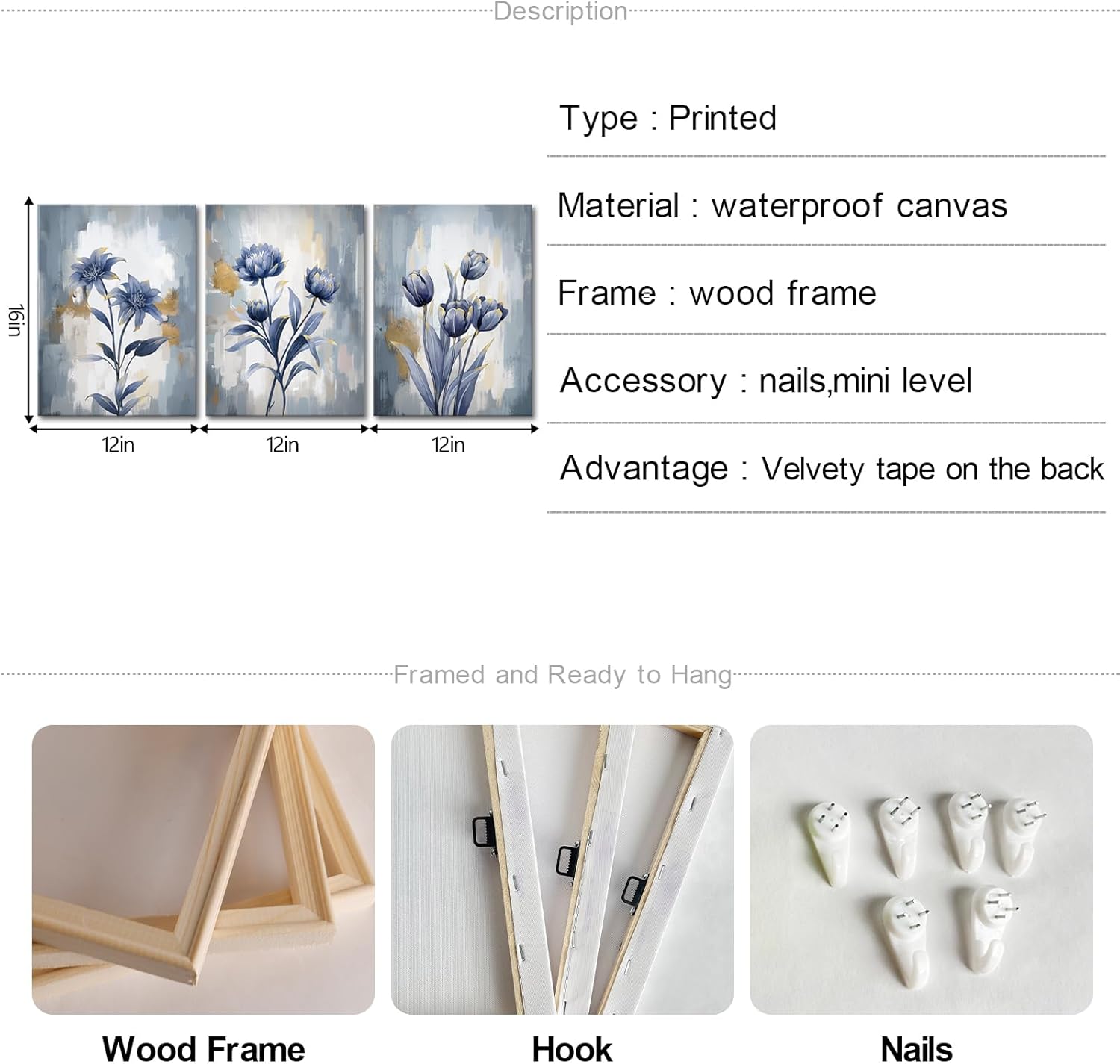 Apicoture Navy Blue Abtract Flower Wall Art Floral Canvas Artwork For Living Room Bedroom Wall Decor Framed 12"x16"x3 Pieces (Blue)