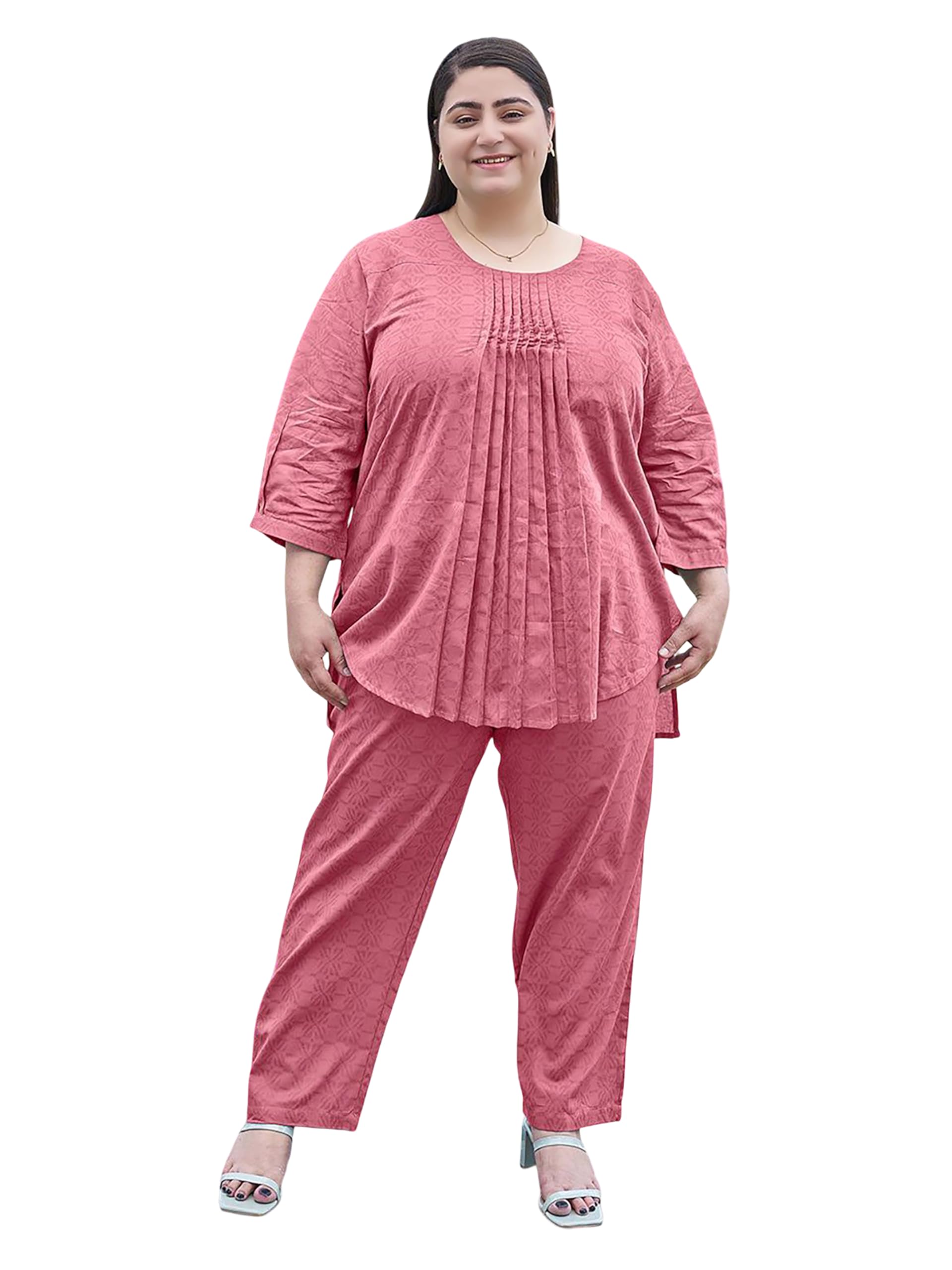 Plus Size Rayon Co-Ord Set for Women | Pleated Front Round Neck Tunic with Three-Quarter Sleeves & Elastic Waist Trousers | Casual Wear Outfit | 3XL, 4XL, 5XL, 6XL-image-47