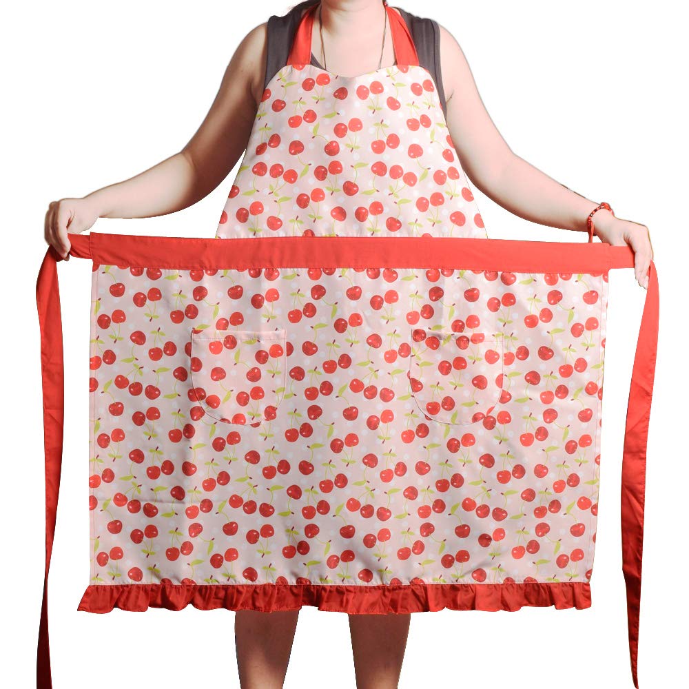 Love Potato Delantales para mujeres y niñas, talla grande, delantal de cocina ajustable con 2 bolsillos y lazos extralargos, 34 x 36 pulgadas (cereza roja)