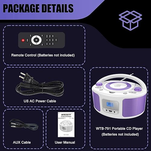 Miniatura 7 de Reproductor de CD portátil con Bluetooth, radio FM, control remoto, entrada USB y conector de auriculares AUX de 0.138 in, reproducción de