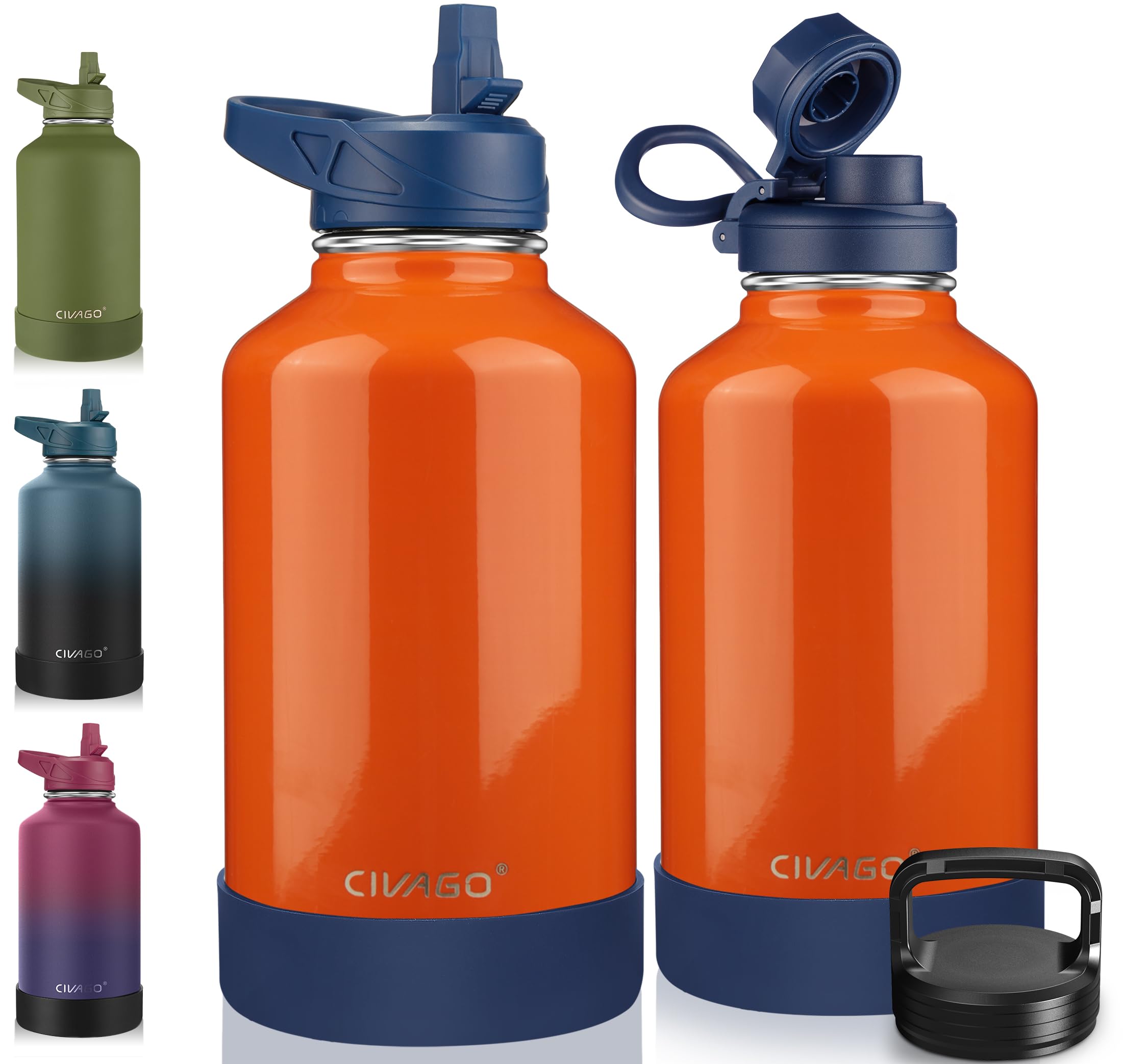 CIVAGO 64 oz Insulated Stainless Steel Water Bottle With Straw and 3 Lids | Half Gallon Large Metal Water Jug Big Leakproof Reusable Wide Mouth Thermal Flask with Silicone Boot, BPA-Free, Deep Orange