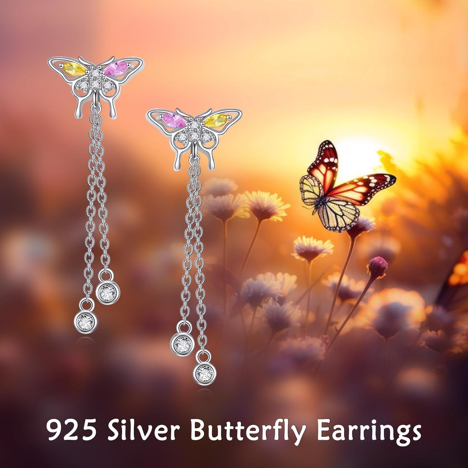 VONALA Butterfly Earrings S925 Sterling Silver Long Butterfly Dangle Pendant Tassel Shiny Butterfly Drop Jewelry for Women - Image 6