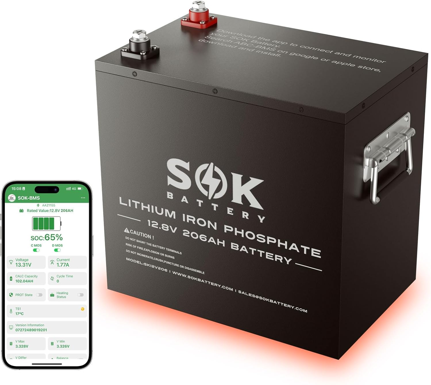 SOK 12V 206Ah LiFePO4 Battery, 8000+ Deep Cycle Sensible BMS, 170A Max Steady Discharge & 70A Max Cost, Constructed-in Heater & Bluetooth, Steel Case for RV, Photo voltaic, Camper, Trailer, Off Grid
