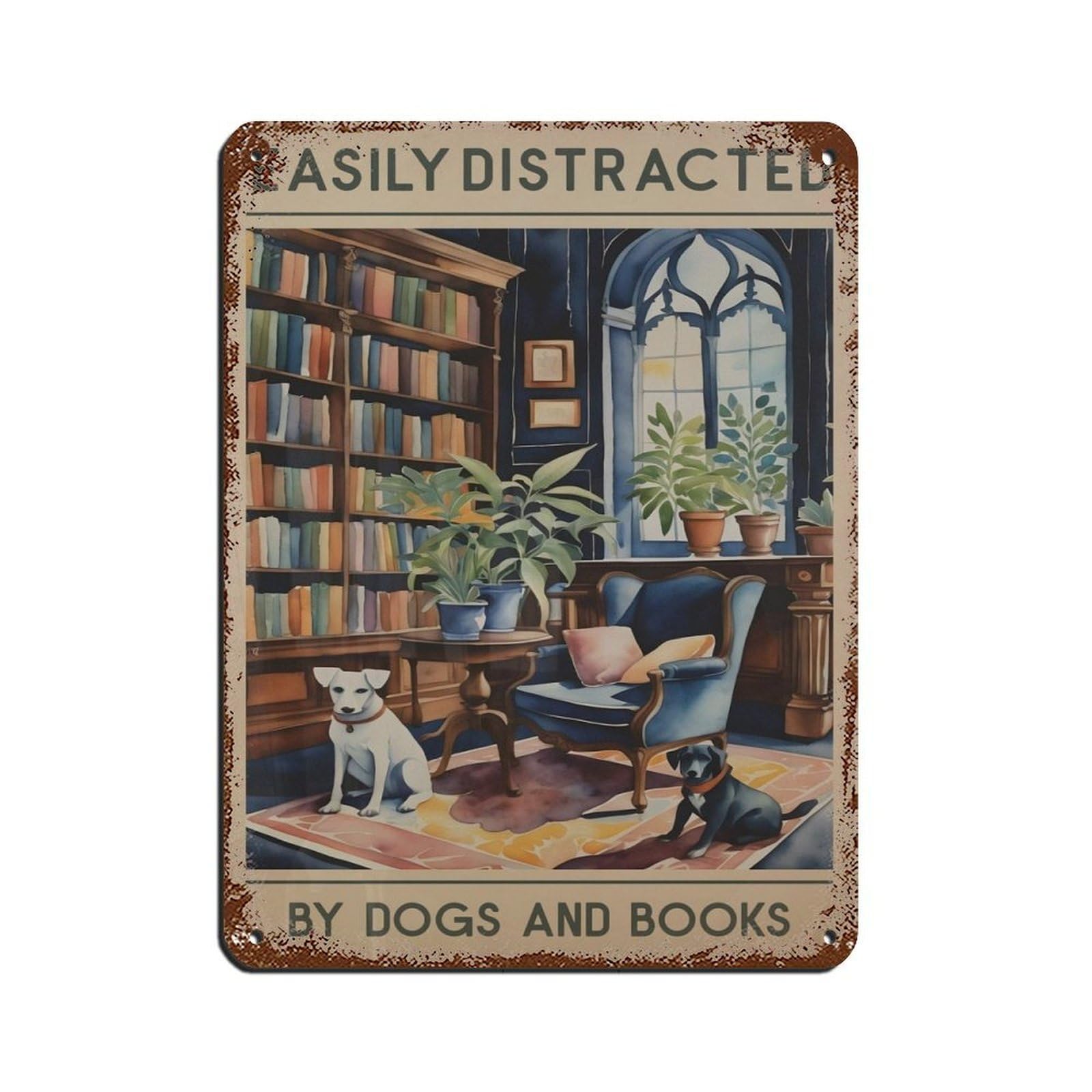 Dog And Books Poster,labradors in A Library Poster Tin Sign Vintage Metal Pub Club Cafe Bar Home Wall Art Decoration Poster Retro 12x16inch(30x40cm)