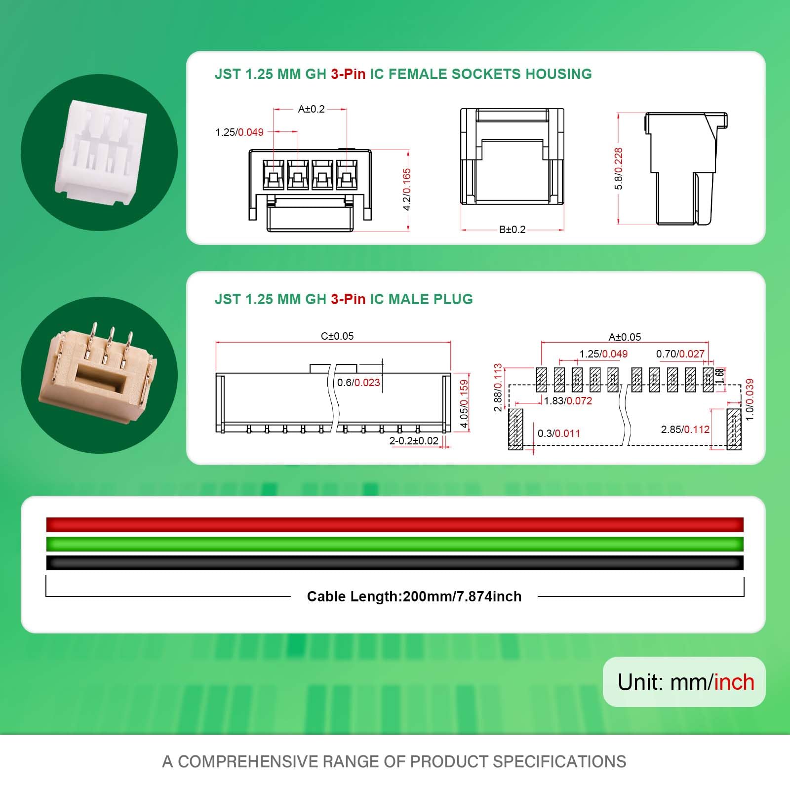 15 set/60 pezzi Mini Micro JST-GH-SMD-VHR 1,25 mm 3 pin 30 AWG Kit Cavo in Silicone, Connettore Femmina con Filo 20cm e Spina Maschio IC, per Strisce luminose a LED, Giocattoli RC, Batterie