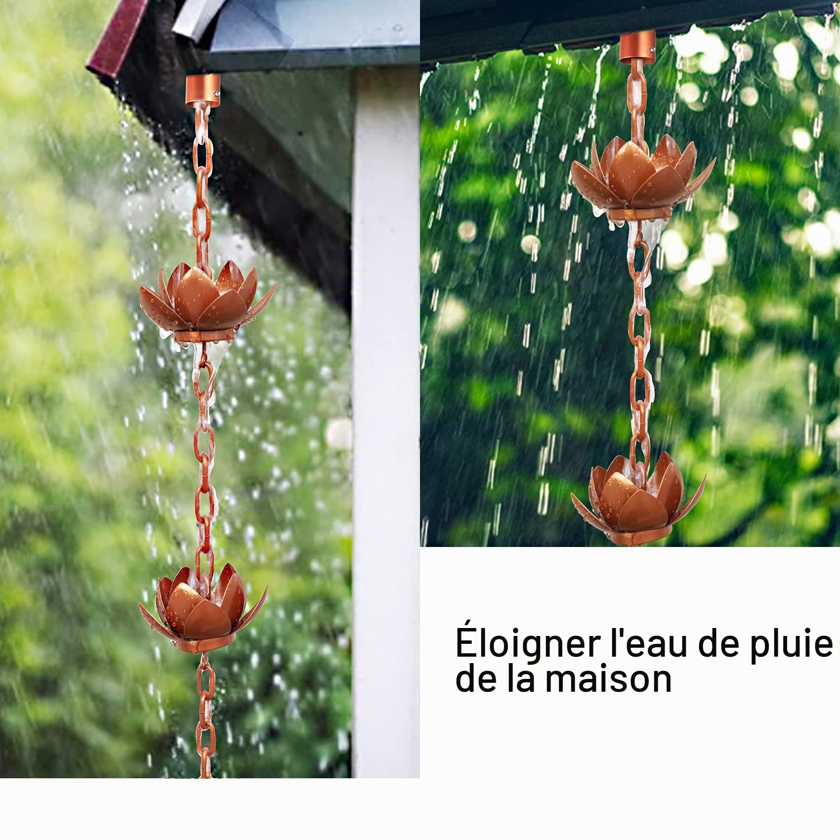 Rifachua 2,59 m Chaîne de Pluie pour Descentes de Pluviales Extérieures, Chaîne de Pluie en Cuivre avec Motif Lotus, Remplacement Fonctionnel et Décoratif pour Descentes de Pluviales