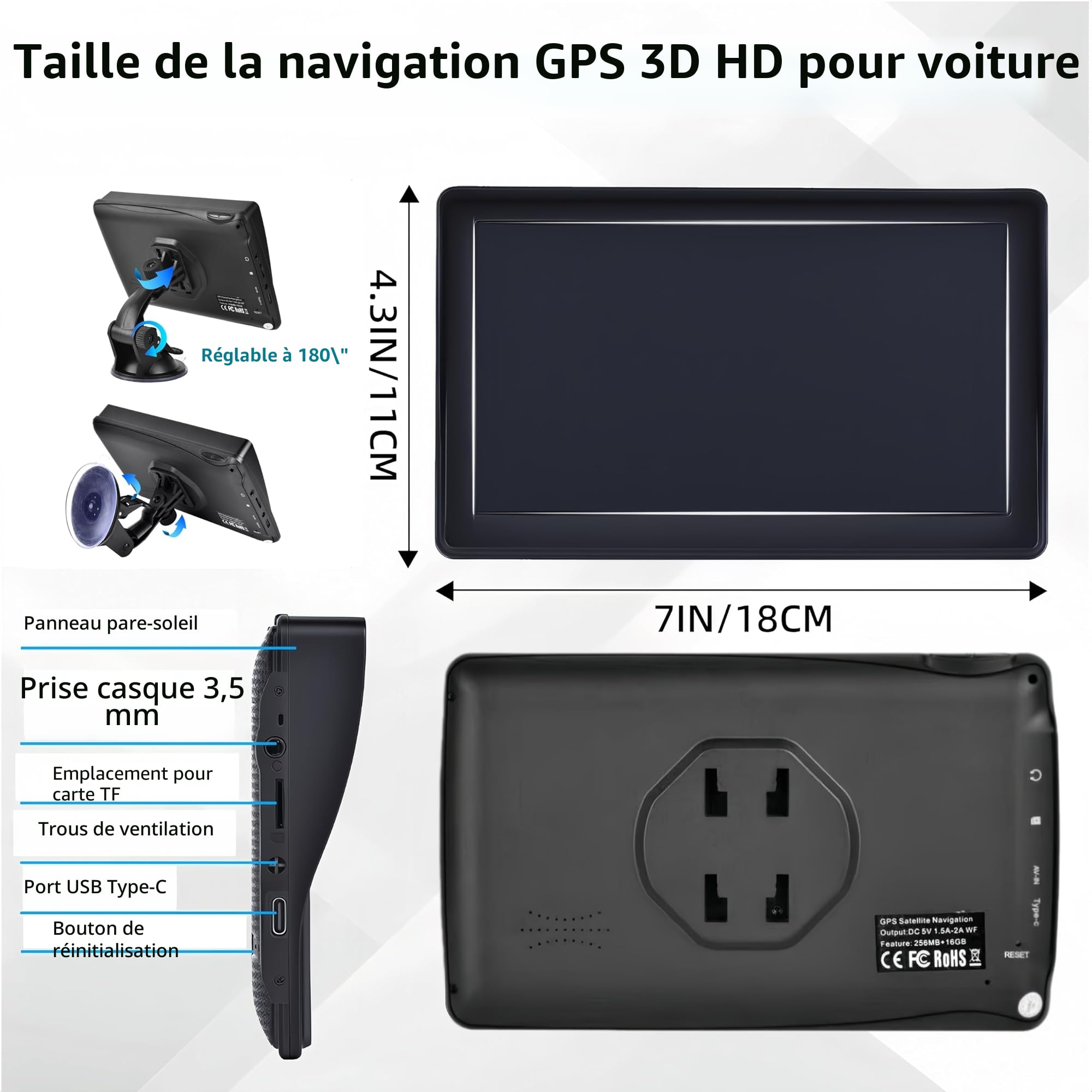 Navigateur GPS, écran tactile 7 pouces Navigation GPS pour voiture, camion, camping-car, avec informations trafic, carte de l'Europe 2025, mises à jour gratuites à vie, guidage vocal en temps réel