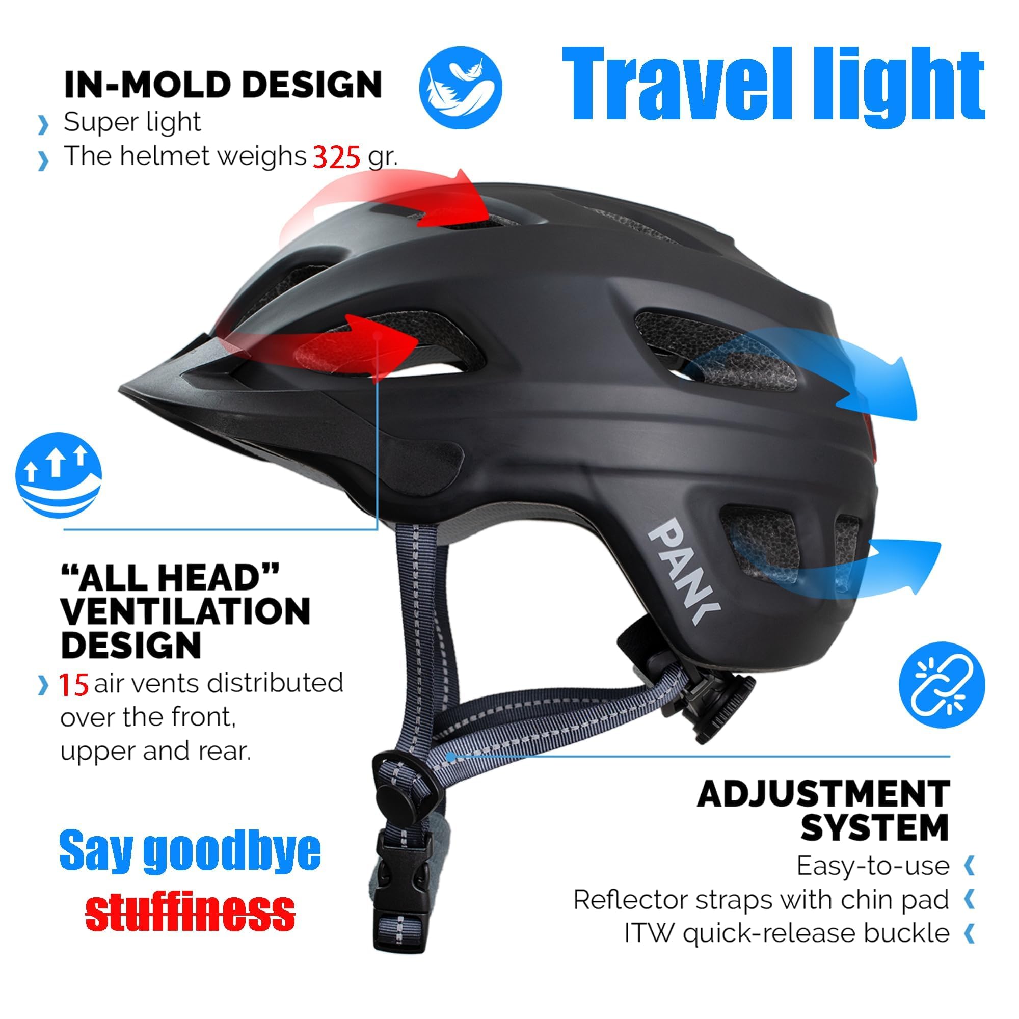 PANK Casco Bici Uomo - Certificato CE, Con Luce di LED - Casco Mtb Uomo, 325g Leggero, Adatto per Monopattino Elettrico Adulti Mountain Bike