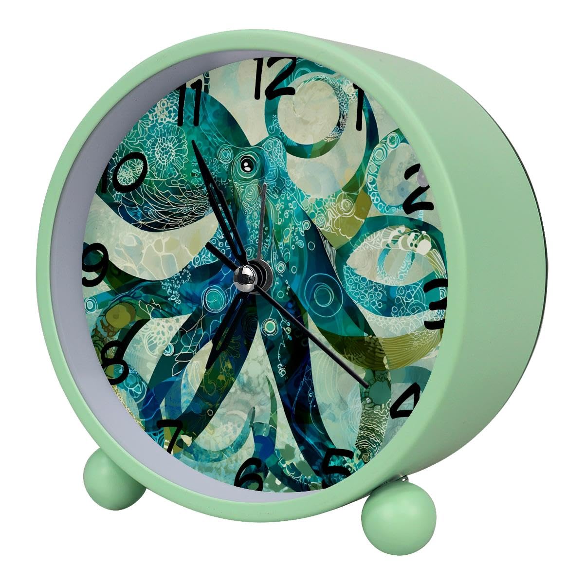 Luoweisi Analog Alarm Clock Green Octopus, Silent Non-Ticking with Night Light, Battery Operated, Round Desk Alarm Clock for Office, Bedroom, Elderly, Adults, Children, Student Gifts