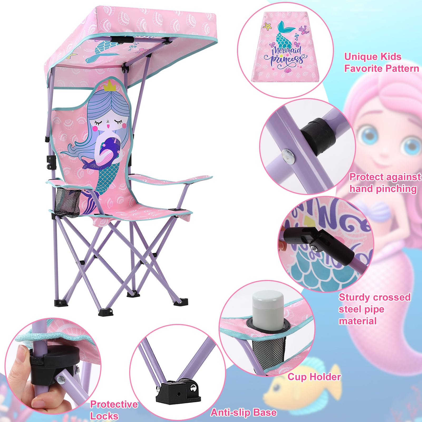 Silla de camping para niños con sombrilla, silla plegable con soporte para bebidas, silla de jardín portátil, silla de playa rosa, silla de camping para niños, para parque jardín, viajes al