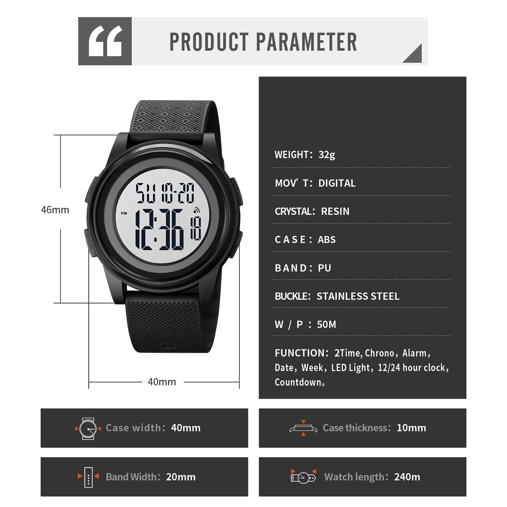 findtime Reloj militar para hombre, reloj deportivo táctico, reloj digital, cronógrafo, cuenta atrás, 5 ATM, resistente al agua, reloj despertador, cronómetro, reloj de pulsera, negro blanco, Correa
