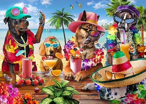 Miniatura 1 de Posterazzi Póster impreso de perros bebiendo batidos en una playa tropical por Adrian Chesterman, (18 x 9)