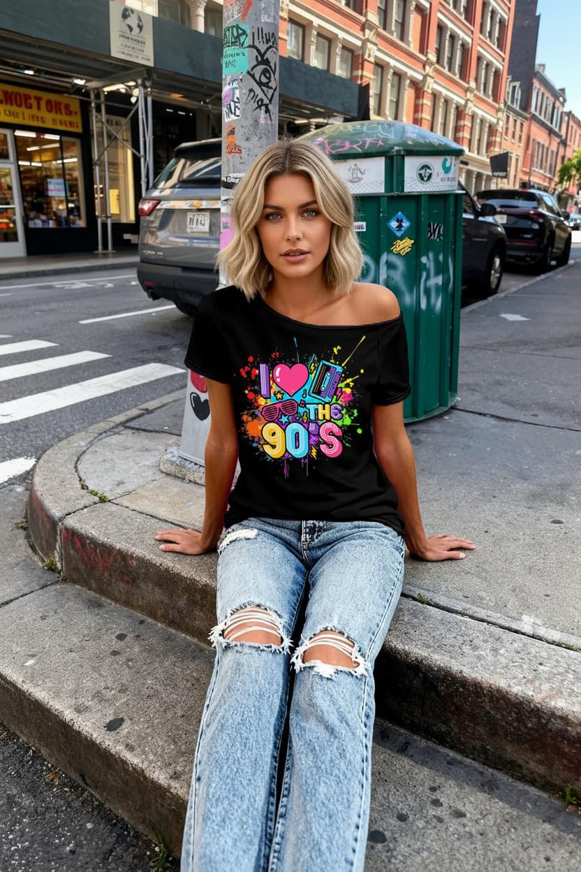 80s Outfit for Women 80's Theme Party Shirt Sexy Off The Shoulder 90S Tshirts Vintage 90s Disco Off Shoulder Tops - Image 3