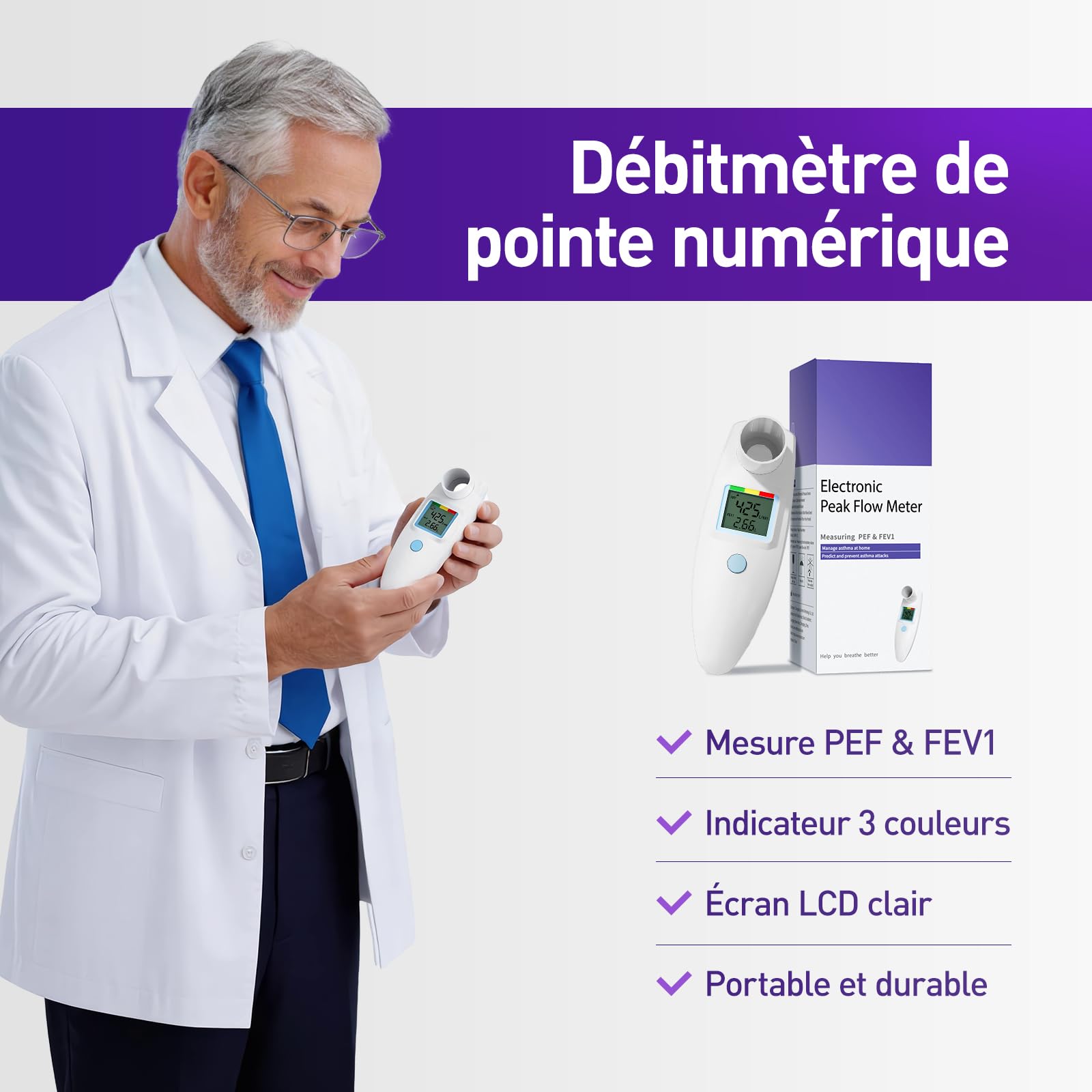 Spiromètre numérique Peak Flow Meter avec écran LCD pour adultes et enfants asthme BPD PEF FEV1