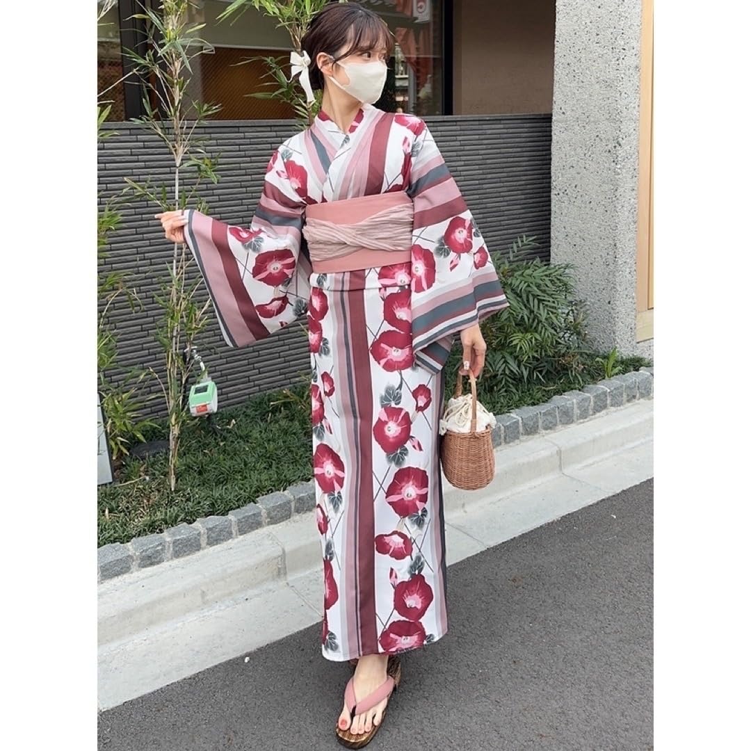 【新品】紫花柄ストライプ浴衣反物 綿100% 朝顔 セオα] 浴衣 反物 縞に花丸（オフシロ×紫/SYU5120）夏着物 東