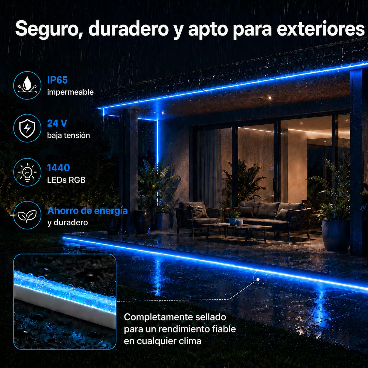 Meevt Tiras LED Exterior 20M, Luces Neón RGB 24V para Patio y Jardín | 72 LEDs/m, Tira Neon 20m, Ip65, Silicona Flexible, Control App Y Mando, Sincronizacion Musical, para Jardin, Patio, Fiesta