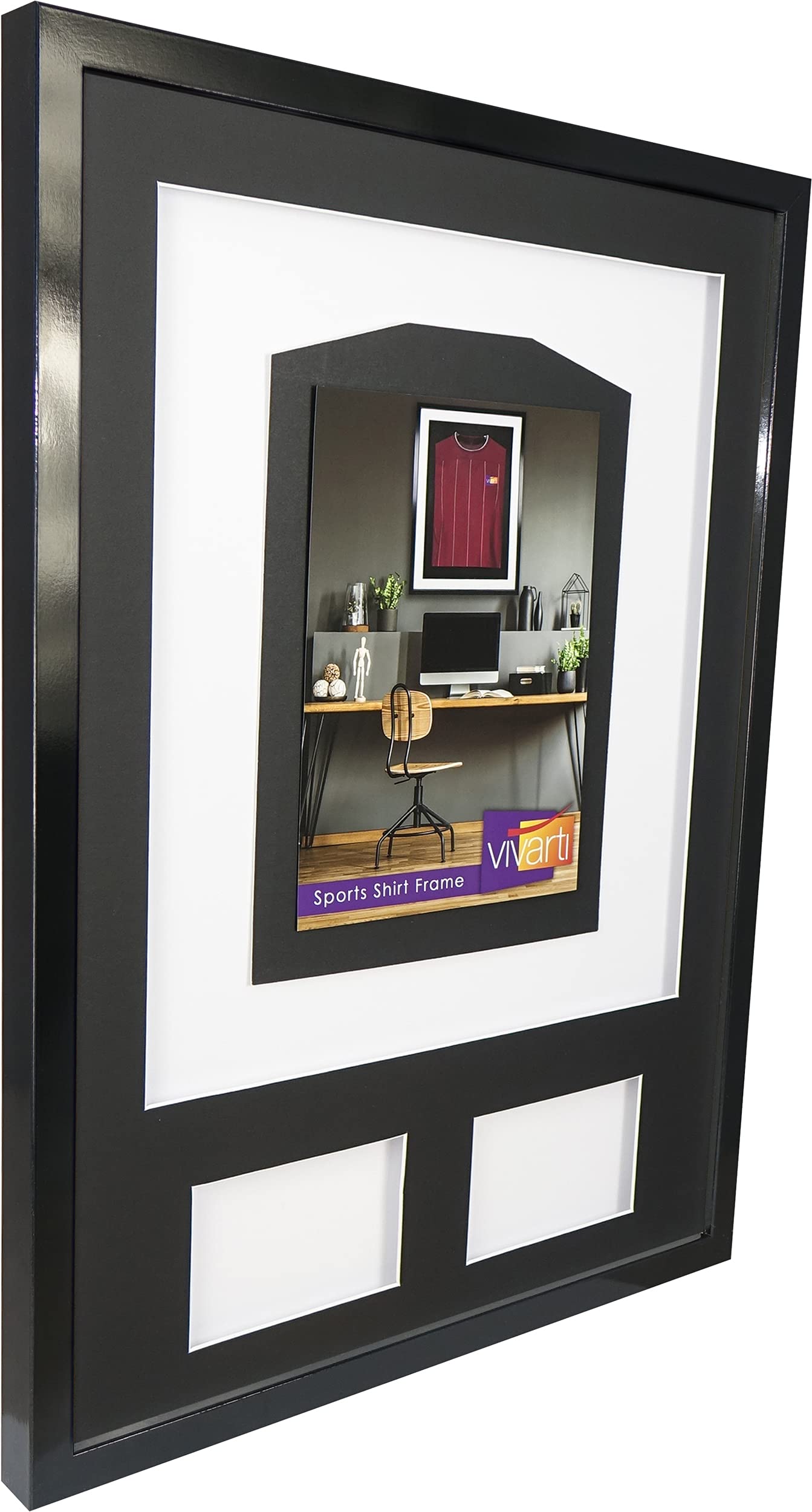 Vivarti DIY - Marco de visualización para camisa deportiva con doble apertura (50 x 70 cm), color negro brillante, soporte negro, tarjeta de respaldo blanca