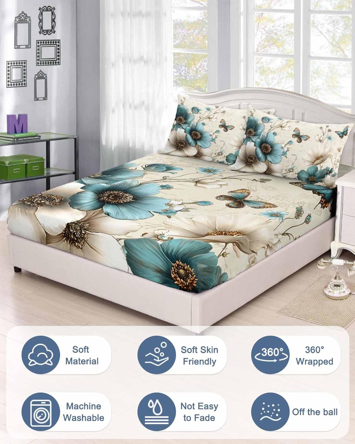 Teal Tulips King Size Fitted Sheet Set - Vintage Farmhosue Turquoise Floral Butterflies 3 Piece Bedding Sets 16" Deep Pocket Fitted Sheet with 2 Pillowcases, Brushed Microfiber Hotel Luxury Bed Sheets