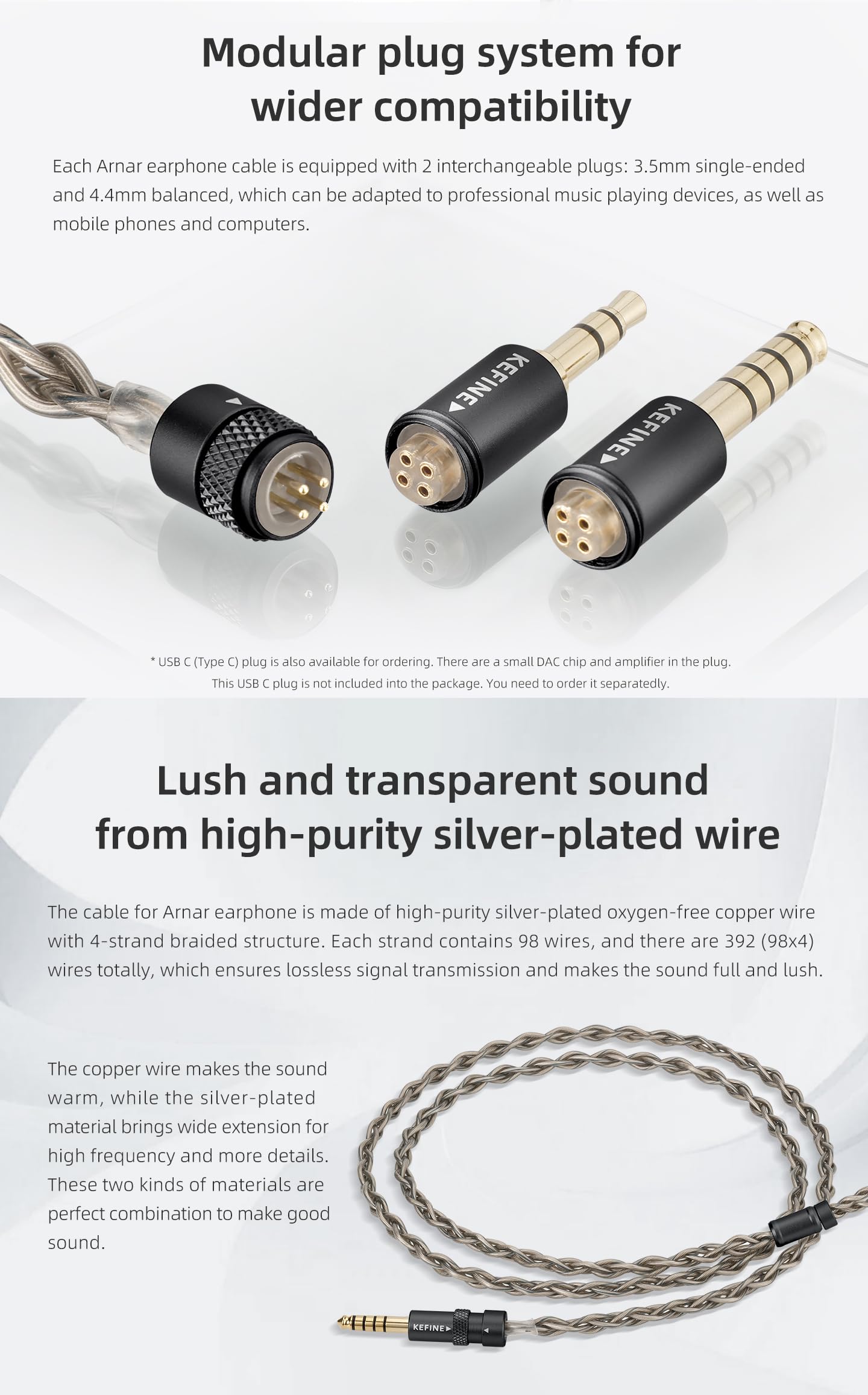 KGUSS KEFINE Arnar Monitory Hi-Fi douszne, 1 płaski przetwornik + 1 hybrydowe słuchawki douszne BA, przewodowe słuchawki 3,5/4,4 mm, odłączany kabel 0,78 mm, 2-pinowy, 3 pary wymiennych zatyczek do