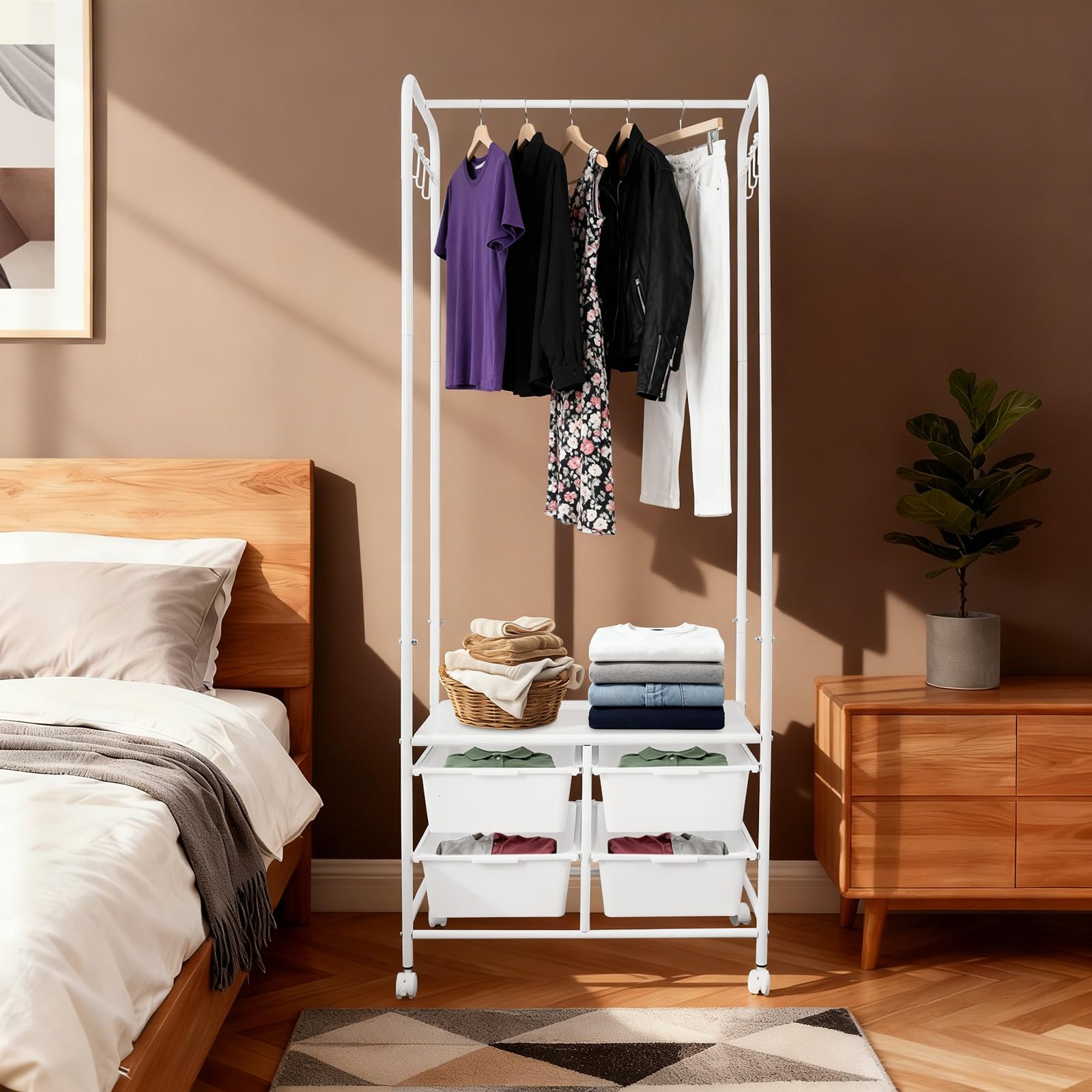 Portant à vêtements à 4 tiroirs, en métal, peu encombrant, avec tringle à vêtements, étagère et 8 crochets, porte-manteau mobile pour chambre à coucher, couloir, buanderie, 63 x 37 x 160 cm