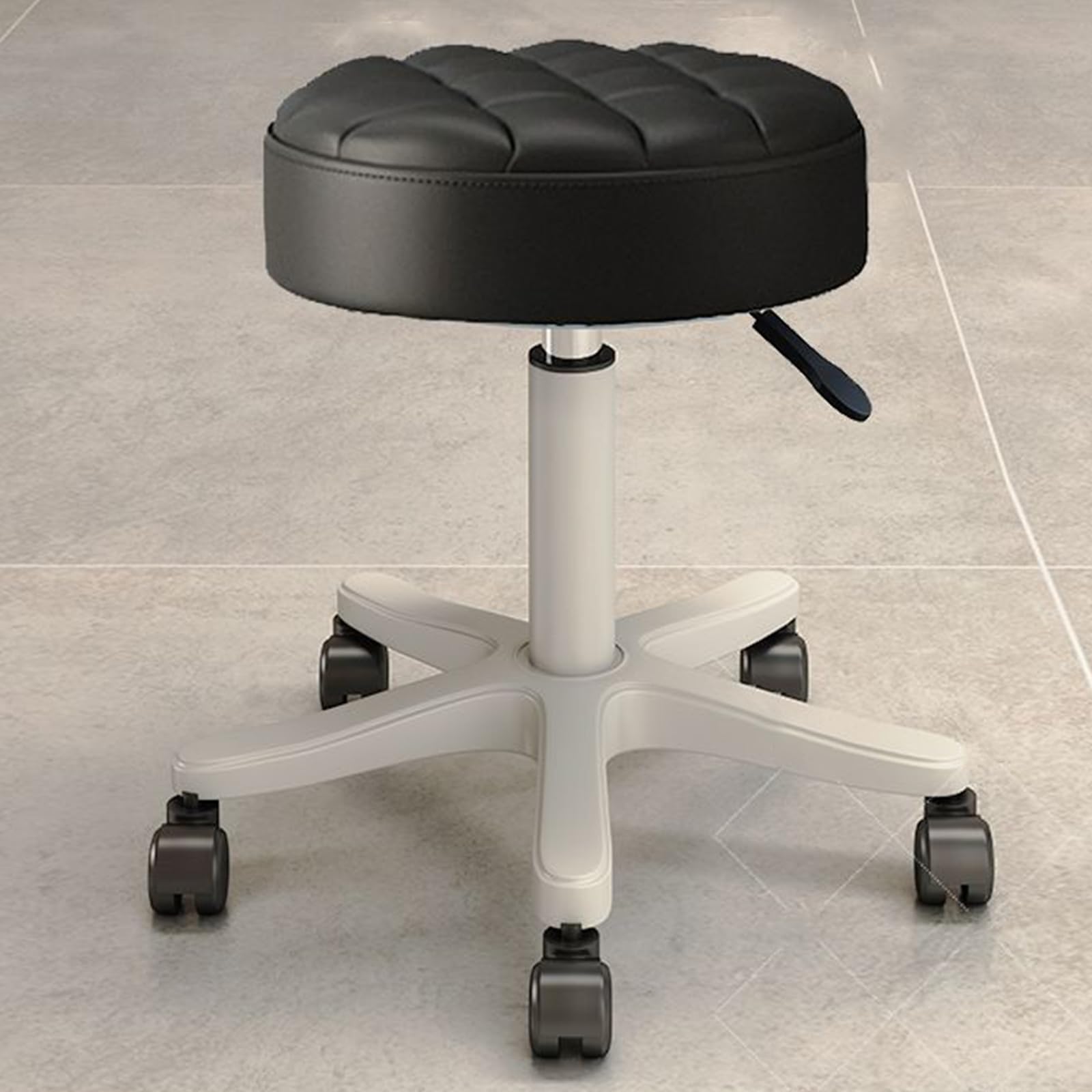 Piccola sedia rotonda con ruote, in pelle PU, regolabile in altezza, girevole, per lavoro, massaggi, spa, salone, casa, ufficio, (nero)
