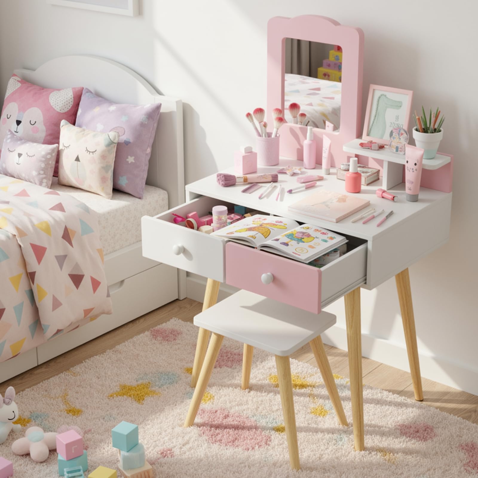 Clevich 2 in 1 Schminktisch Kinder Set, Prinzessin Frisiertisch mit Abnehmbarem Spiegel, 2 Schubladen, Schreibtisch Holz mit Hocker, für Kinder von 3 bis 8 Jahren, Rosa