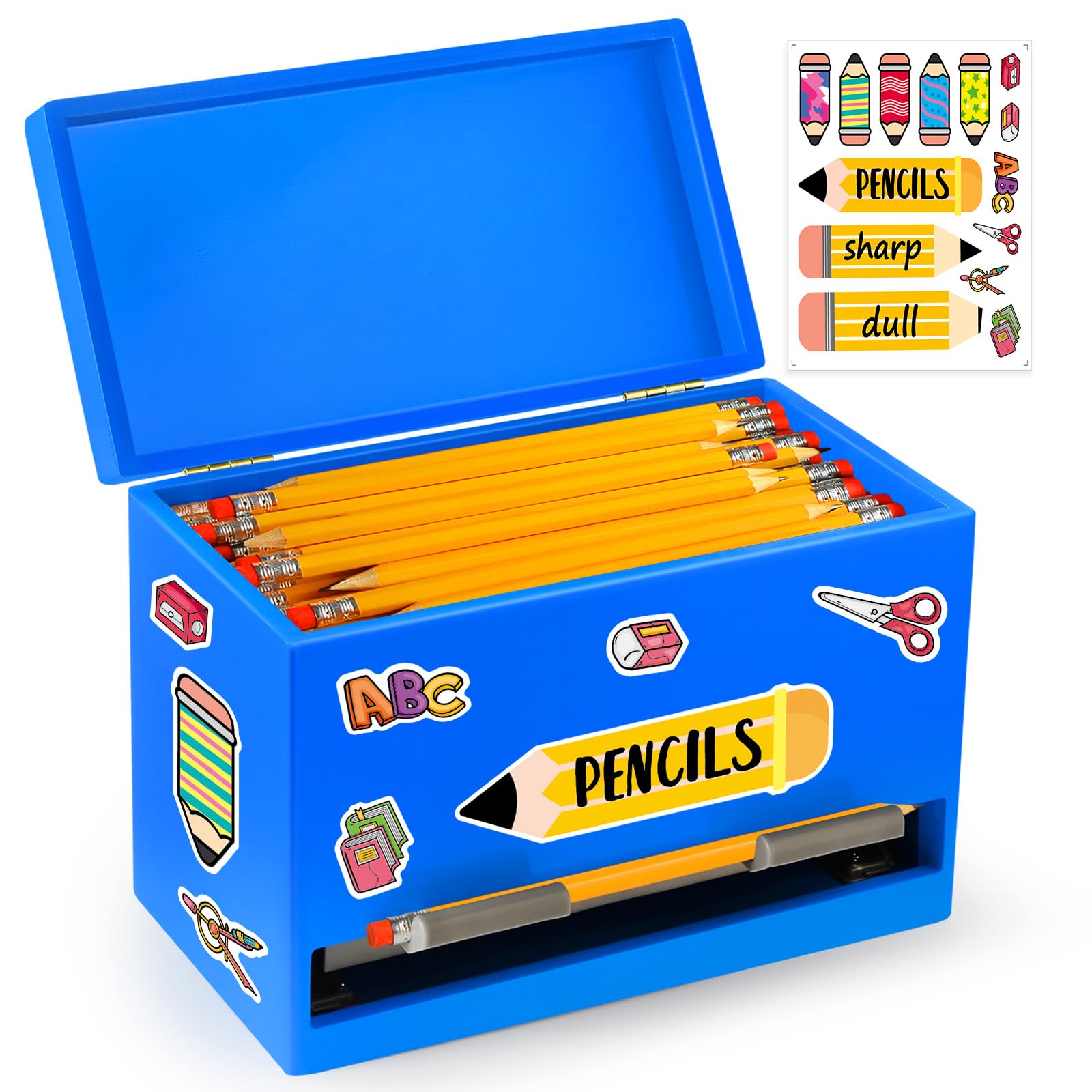 Aigybobo Pencil Dispenser for Classroom, Wooden Pencil Holder for Desk, Teacher Must Haves for Organization and Storage, Pencils Straw Dispenser for Classroom Office Kitchen Restaurant (Blue)
