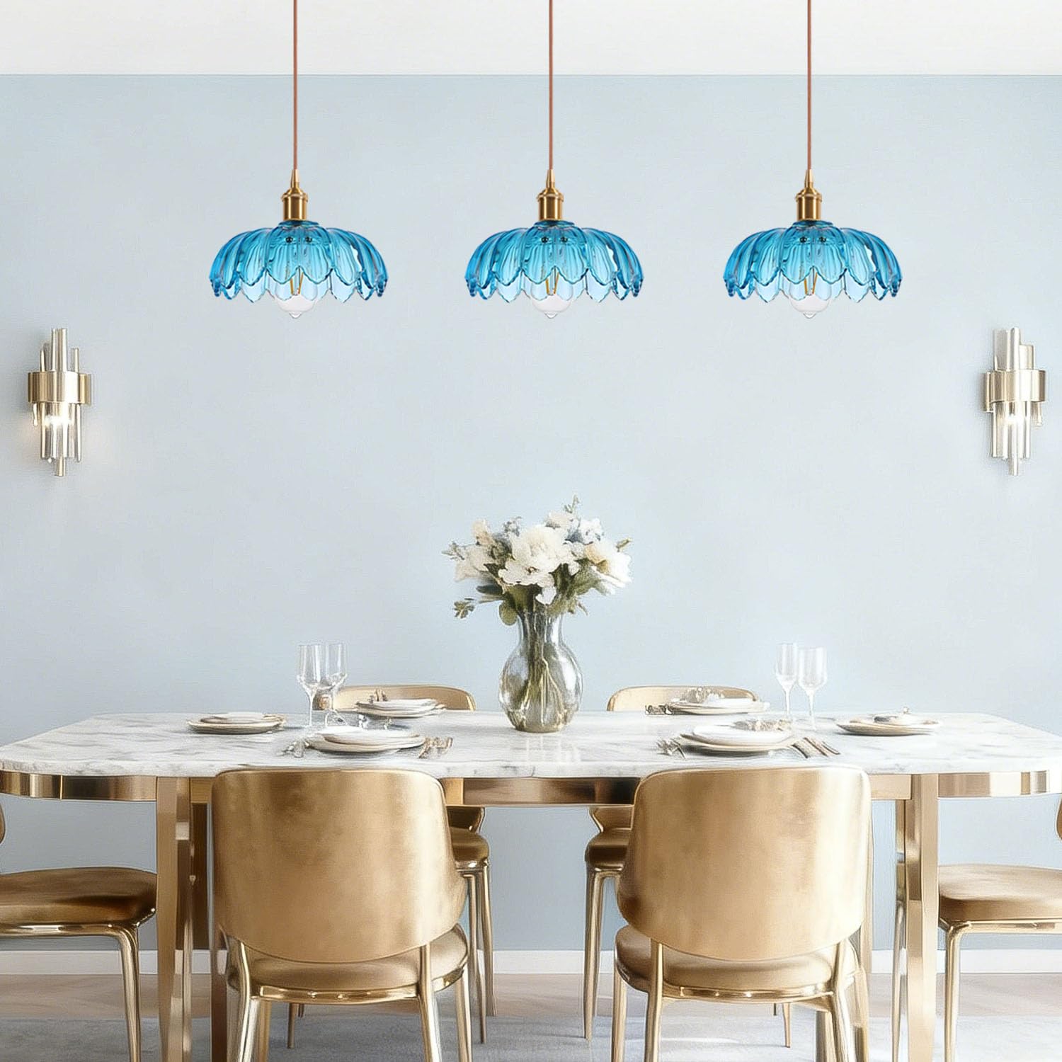 iDEGU Lampada a Sospensione in Vetro, 25CM Lampadario a Sospensione Vintage E27 Plafoniera Retrò Paralume Vetro Creativo Lampada da Soffitto per Soggiorno Isola Cucina Sala da Pranzo (Blu)