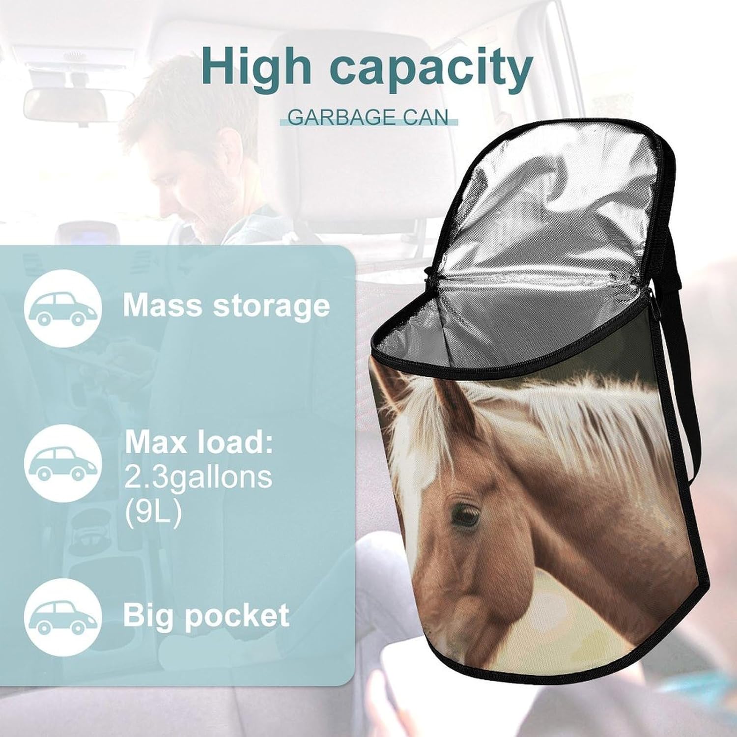 MUSM Leakproof Car Trash Can 2.5 Gallon, Durable Automotive Garbage Bag with Waterproof Liner, Adorable Horse Trash Bag for Car, Truck, RV & Bathroom