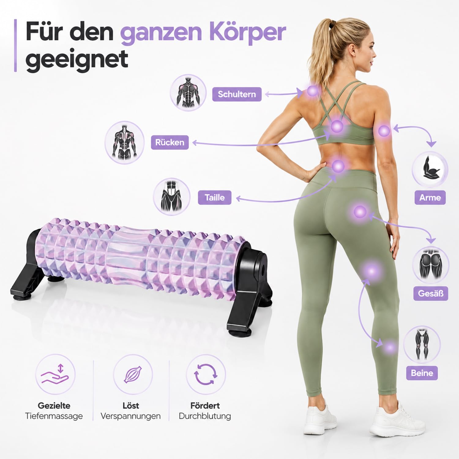 Faszienrolle Wirbelsäule mit 3D-Texturmassage, 53cm Foam Roller mit Ständer, Mittlere Härte, Rückenrolle für Rücken, Nacken und Beine, für Körperdehnung, Erholung und Training, Bunt