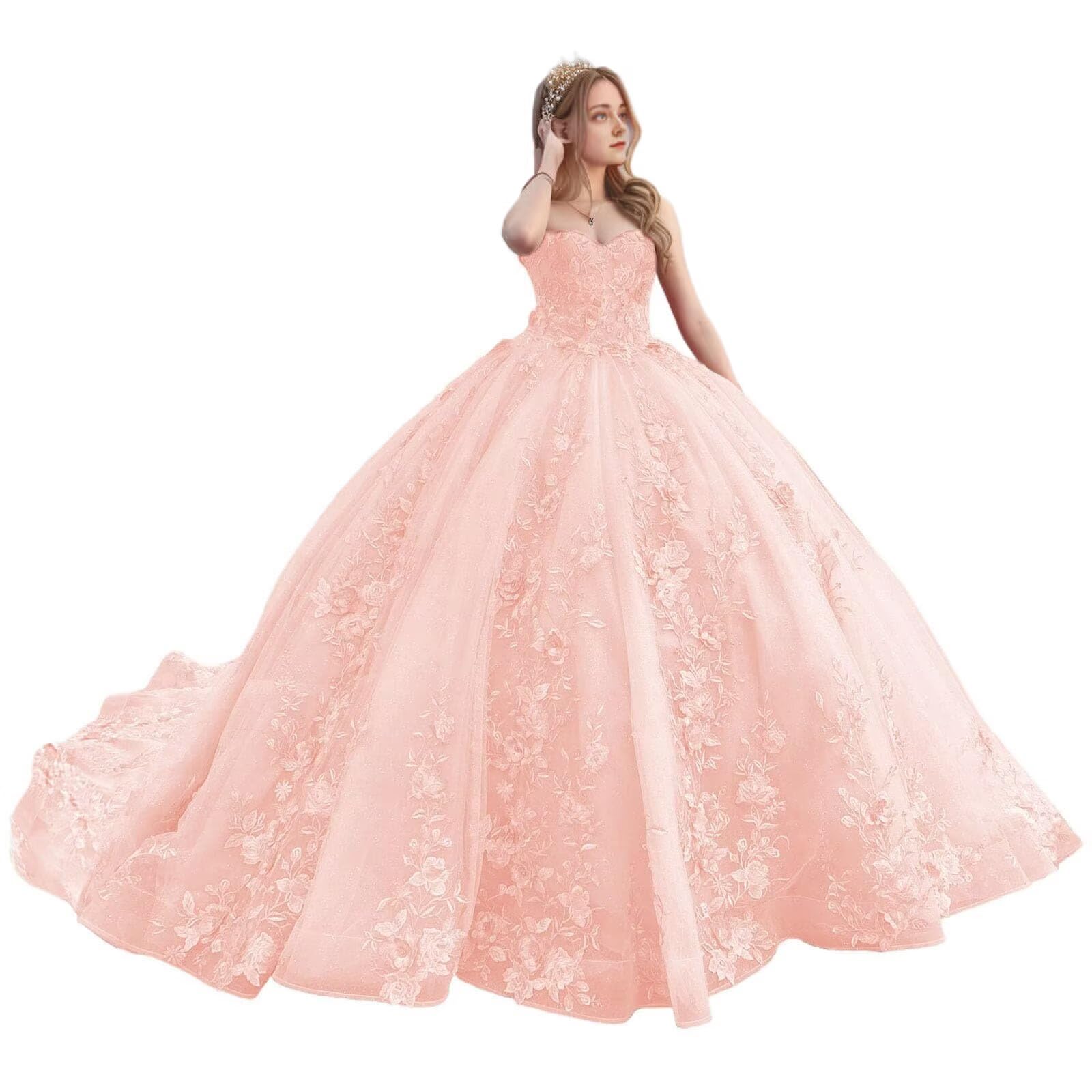 Women's Strapless Quinceanera Ball Gown Puffy Tulle Long Formal Evening Party Pegeant Gowns for Sweet 16 Dresses