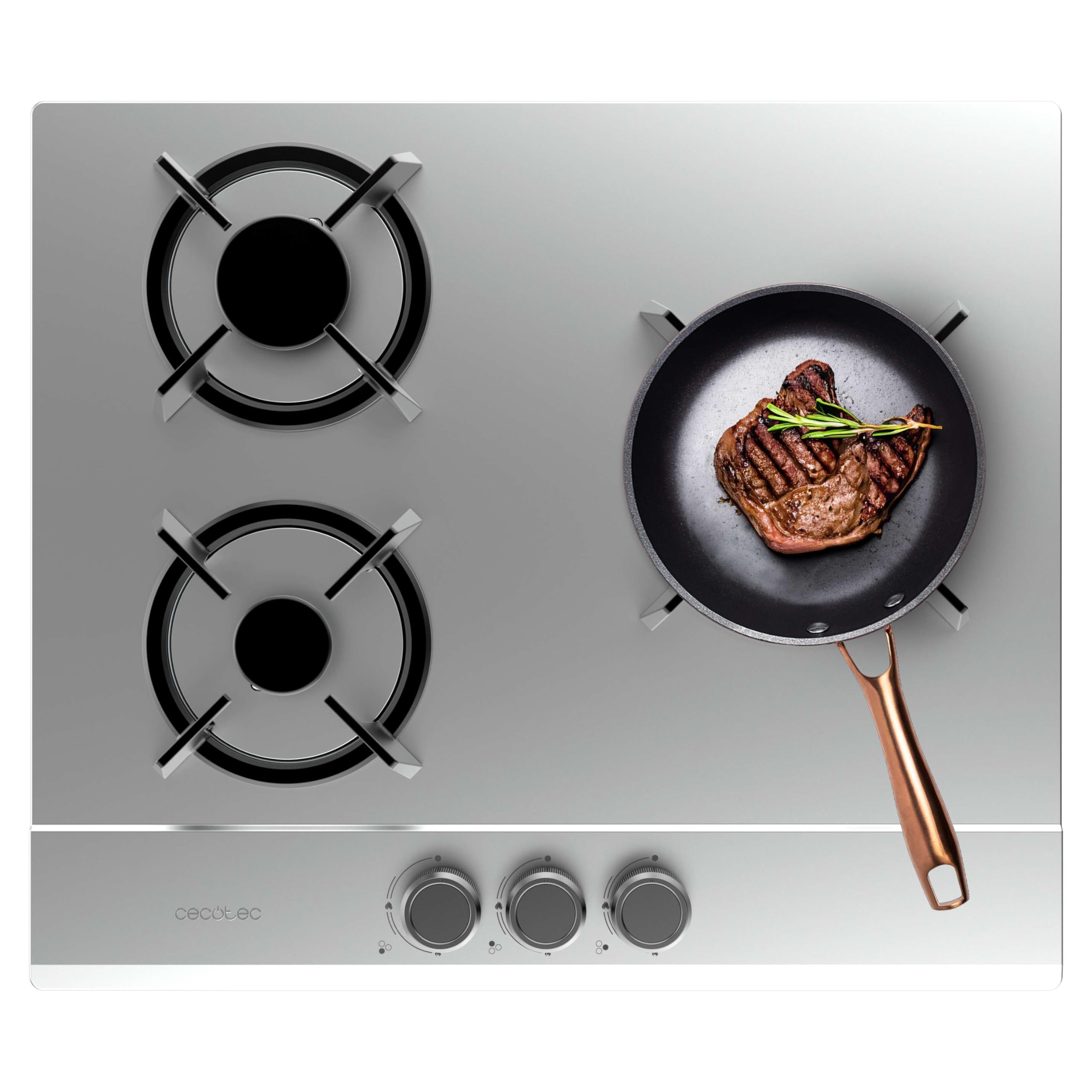Cecotec Plaque à gaz Bolero Squad G 3200S Inox. Plaque à gaz 3 feux, finition inox, grilles individuelles, puissance de 6250W, brûleur WOK triple couronne et sécurité des vannes intégrée.