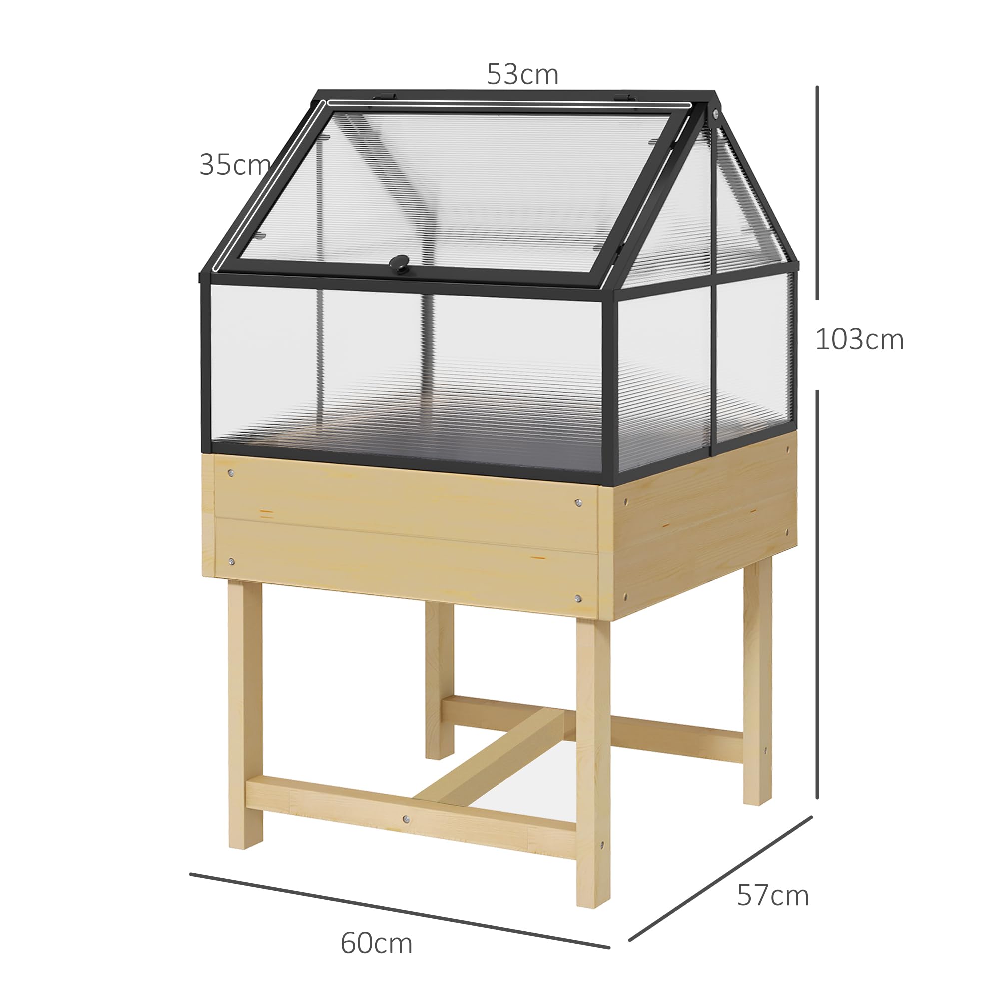 Outsunny Mini Serre sur Pieds - jardinière surélevée - dim. 60L x 57l x 103H cm - Double Toit ouvrable Panneaux de Polycarbonate, Acier, Bois Sapin traité